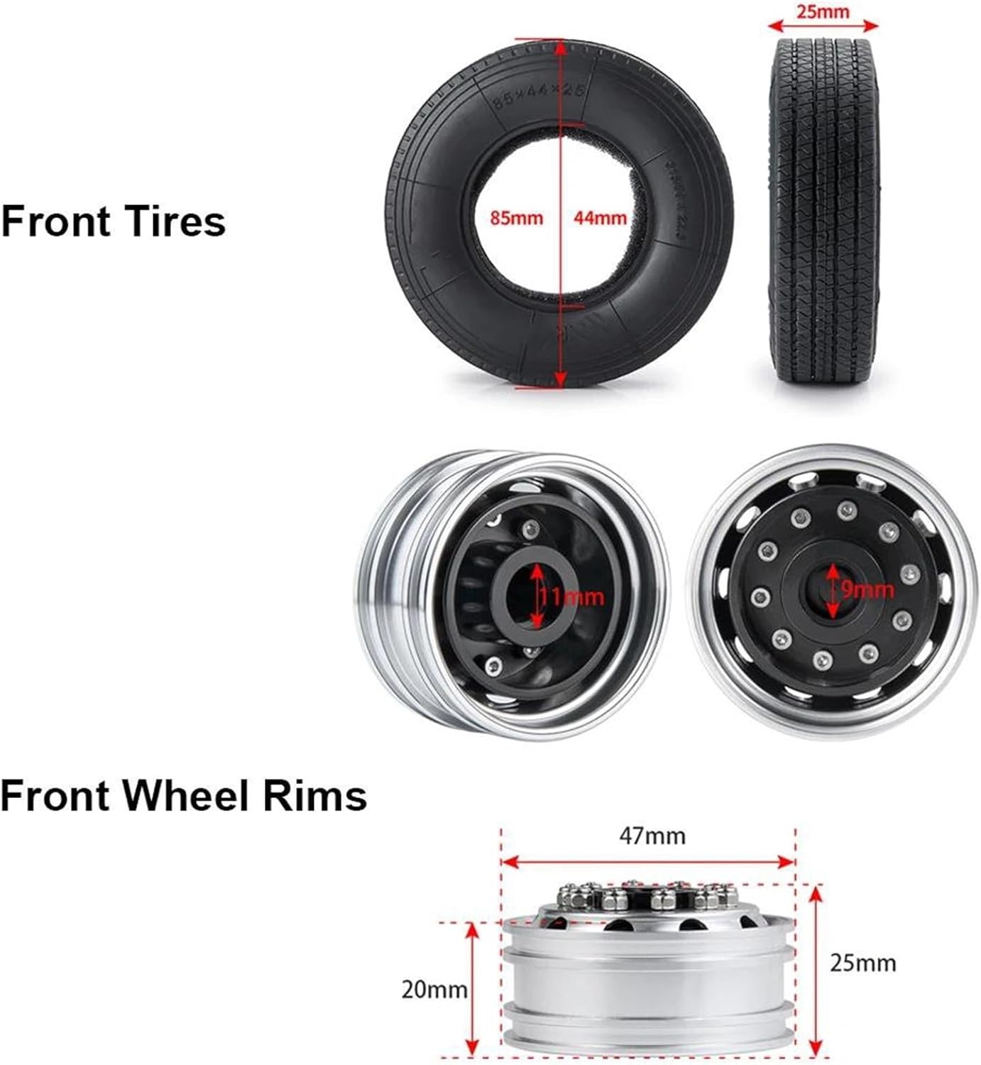 Rc Car Parts for Tamiya 1/14 Front Rear Rubber Tires Aluminum Wheel Rims RC Trailer Tractor Truck Car Upgrade Parts Modification Car Accessories(1 Set 6x6)
