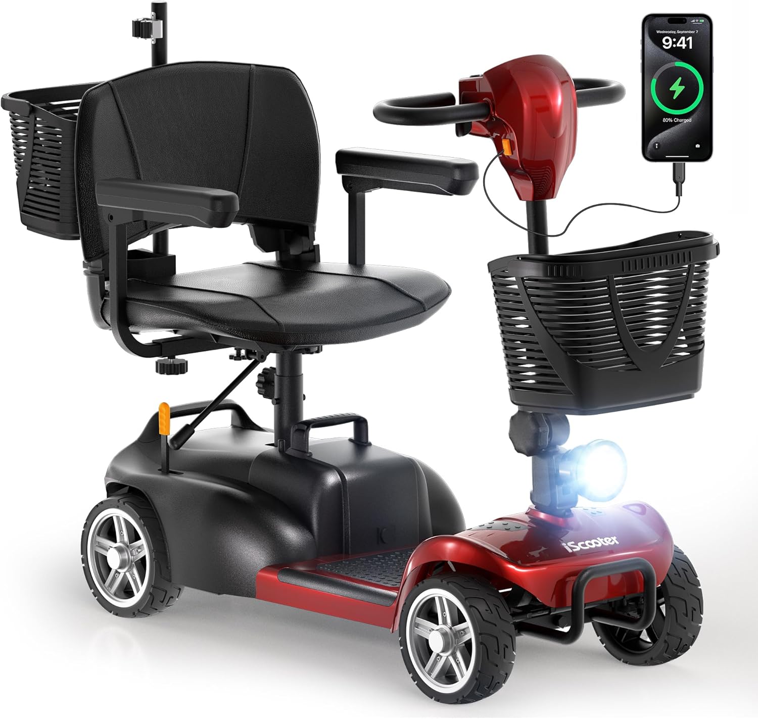 iScooter 20Miles Mobility Scooter, Up to 300LBS 4 Wheels Electric Mobility Scooter for Seniors & Adults, Electric Wheelchair with Removable Battery, Dual Baskets, Crutch Holder, USB Port, Long Range