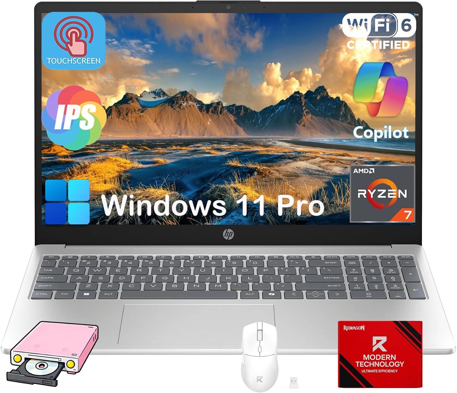 HP 15.6-inch Touchscreen Laptop Computer for Business & Student, 32GB RAM, 1TB SSD, AMD Ryzen 7 7730U, FHD Touch Anti Glare Display, Numeric Keyboard, Copilot, WiFi 6, Camera, Win 11 Pro, Accessories