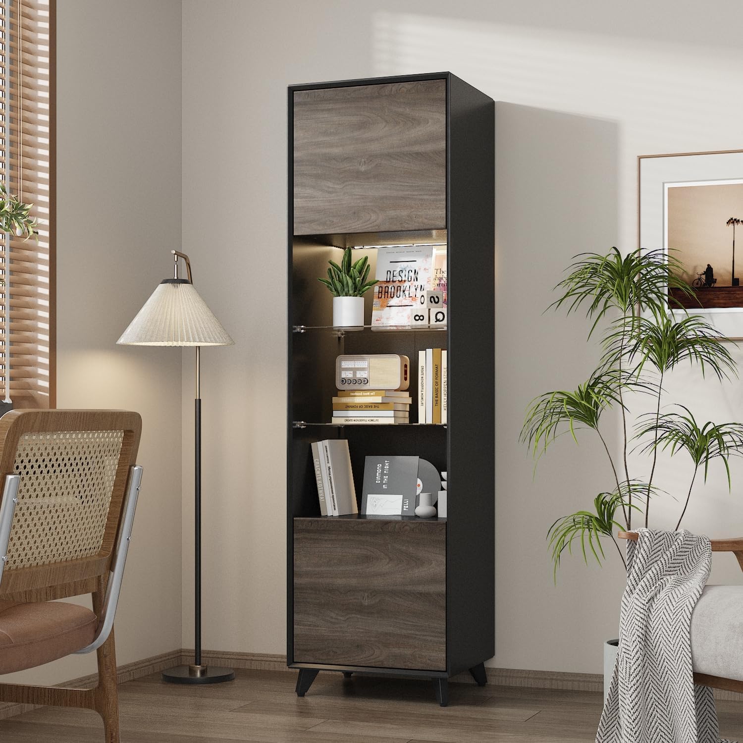 Homsee 5-Tier Bookshelf Bookcase with Lights & Wood Grain, Wooden Display Cabinet with 2 Hidden Shelves & 3 Open Shelves for Living Room, Gray & Black