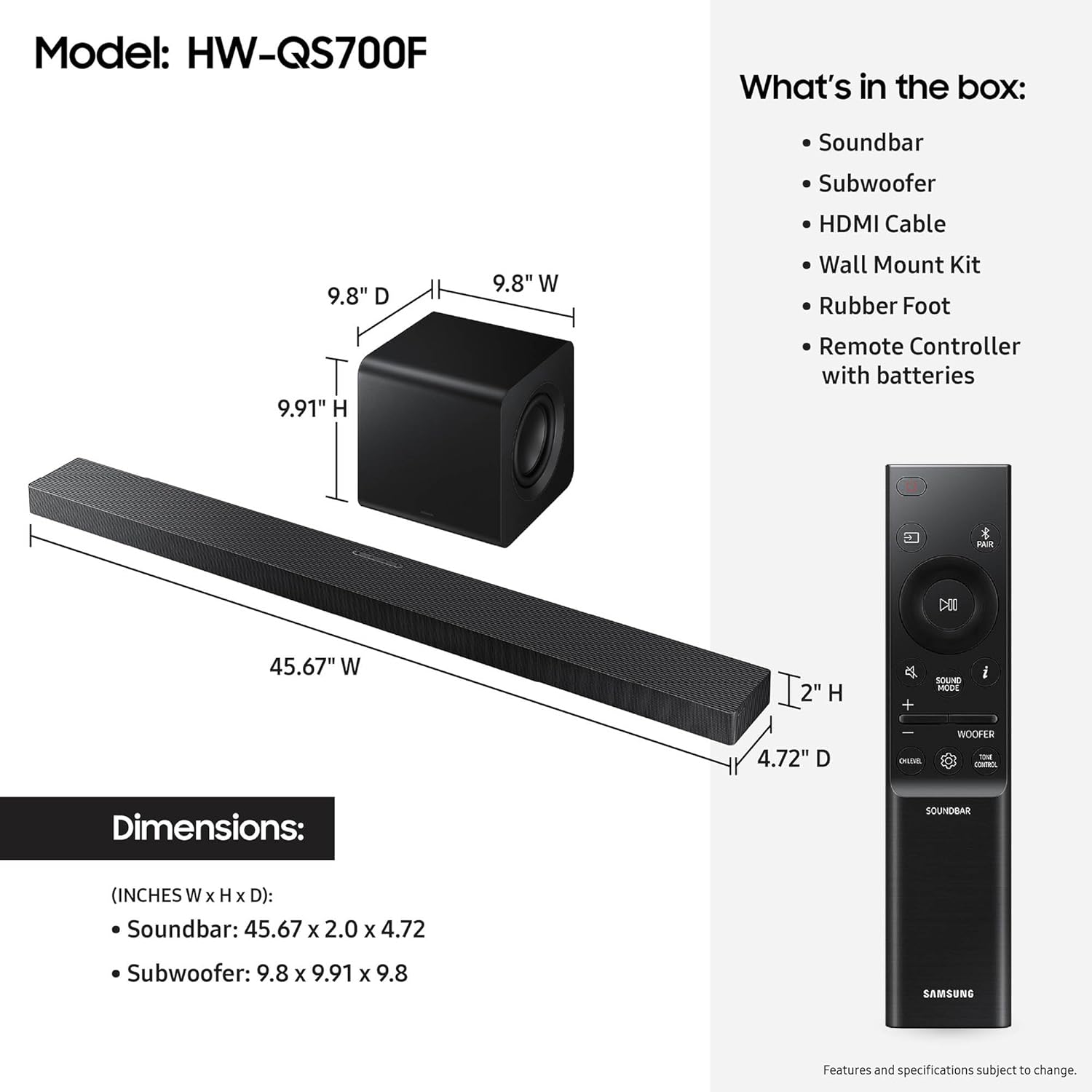 Samsung Q-Series Soundbar HW-QS700F 3.1.2 ch Subwoofer (2025 Model) Convertible Fit
