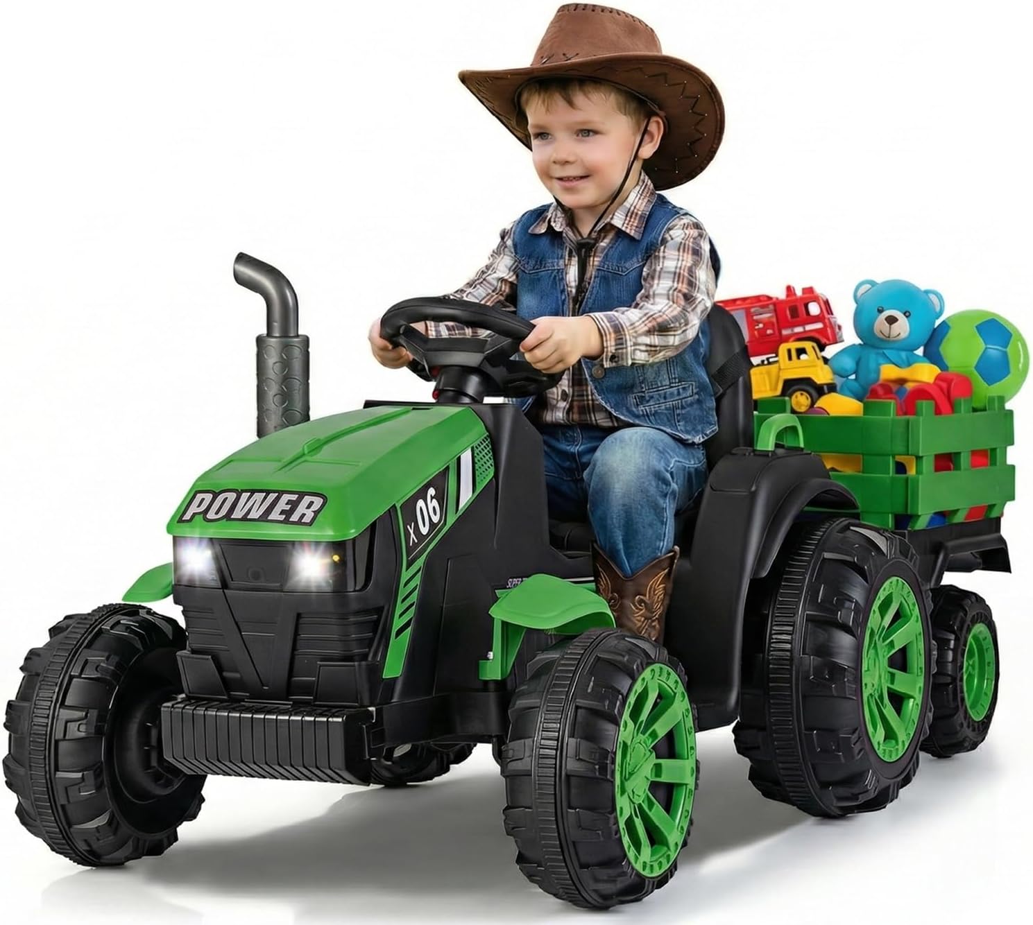 OLAKIDS 24V 9AH Ride on Tractor with Detachable Trailer, 2 x 550W Motors, Remote Control for Toddler (Dark Green)