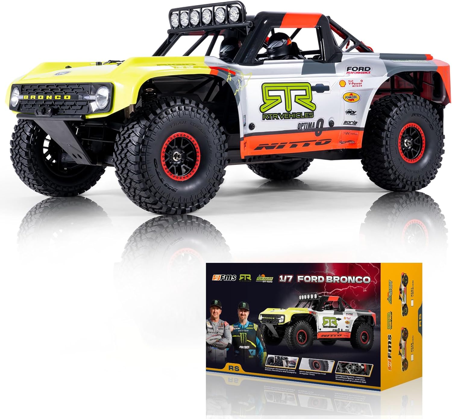 FMS 1/7 Ford Bronco U4 RTR EB RC Truck, Hobby RC Crawler with Brushless Motor & ESC, Remote-Controlled Lighting, Up to 80km/h Speed (2025)