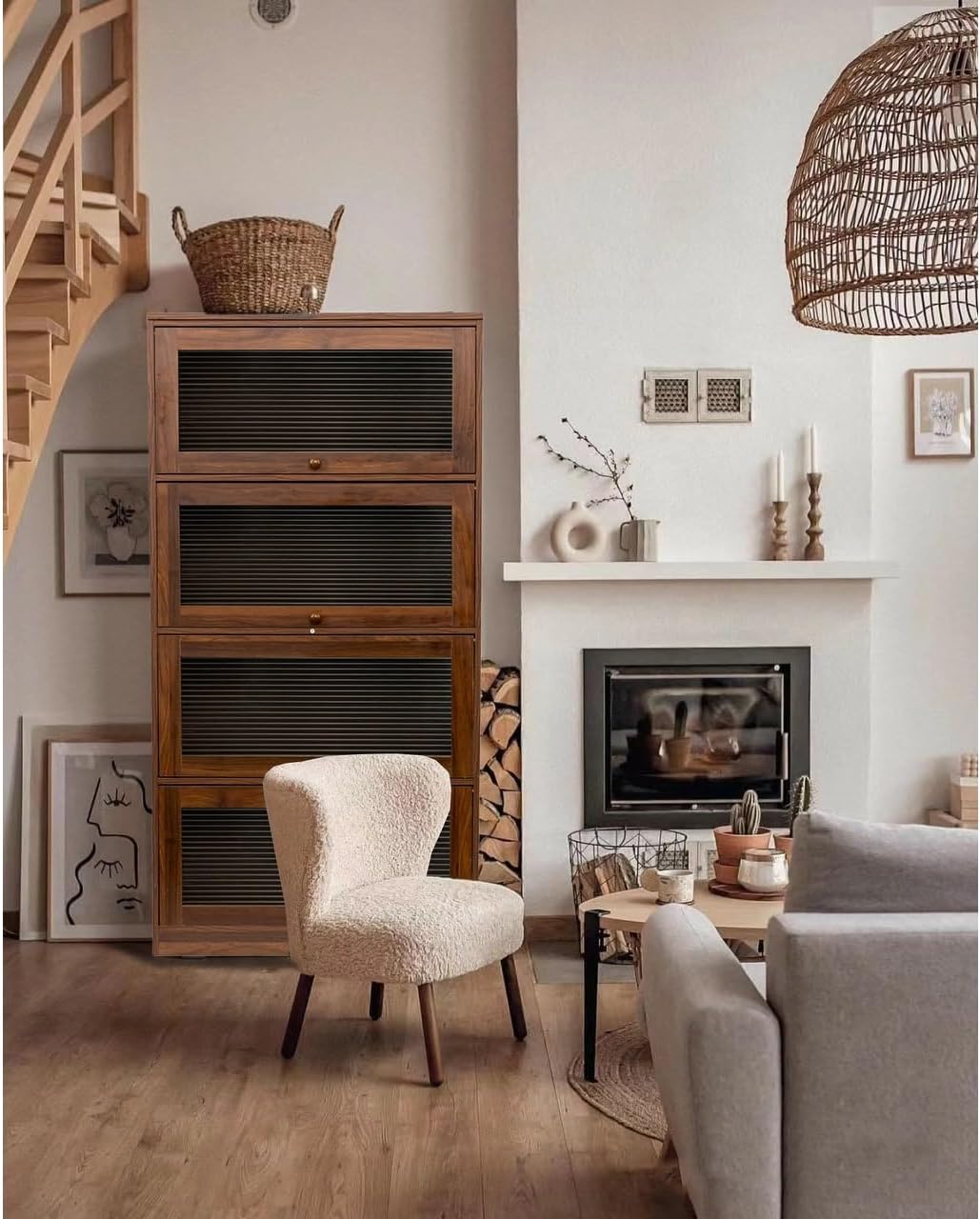 Multi-funtional Contemporary Closed Back Glass Doors Storage Cabinet Bookcase Dining 4-Tier Brown Wood Finish Includes Hardware