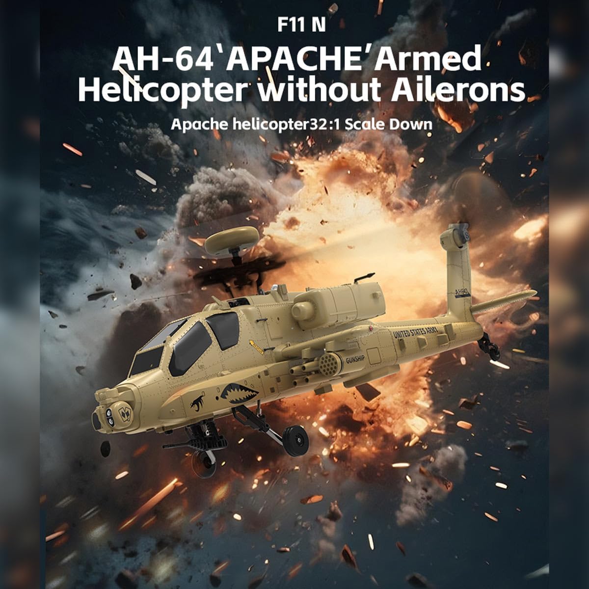 YU Xiang F11-N AH64 Apache RC Helicopter, 1/32 Scale 2.4G 6CH Dual Rotor 6G/3D RC Helicopter with Optical Flow Altitude Hold and One Click Descent, Aircraft for Beginner (RTF Version)