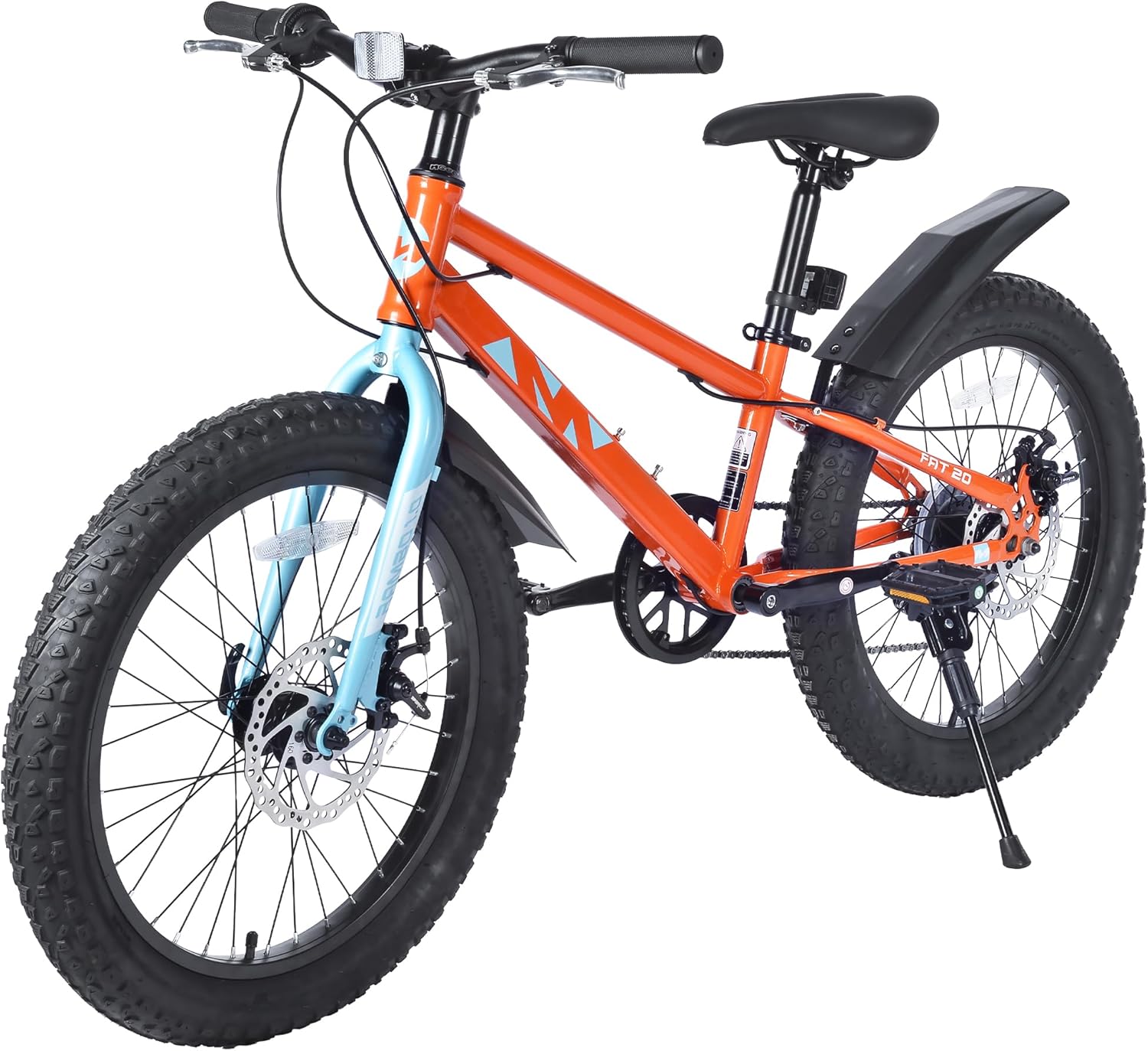 20x3.0 Fat Tire Kids Mountain Bike Snow Bike Beach Bike for 7-10 Years Old Steel Frame Disc Brake Bike 7 Speeds, Orange&Blue