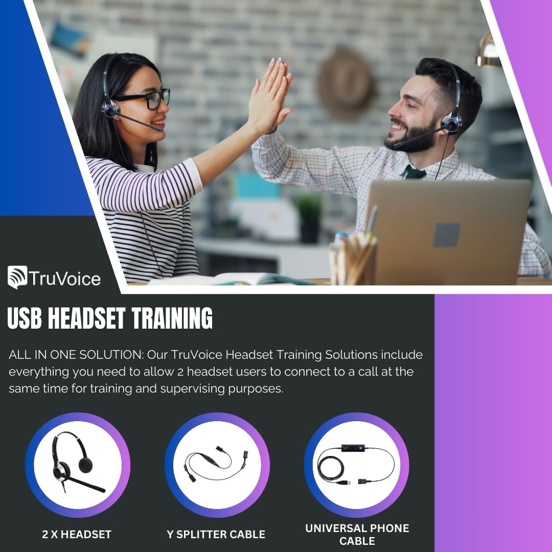 TruVoice Computer Dual Headset Bundle for Office Training | Monitoring | Supervising : Includes 2 x HD550 Headset with NC Microphone, Training Y Splitter + USB Cable Compatible with PC and Softphones