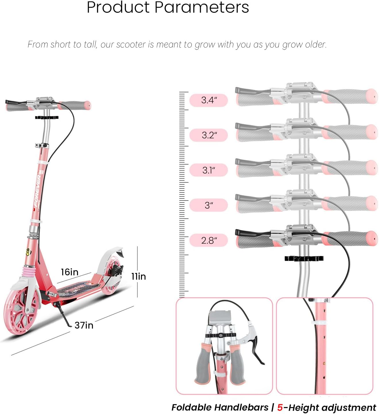 Folding Kick Scooter for Kids and Teens,2 Flash Wheels Scooter with 5-Level Adjustable Handlebar,Dual-Brake System,Aluminum Alloy Frame,Sports Scooter for Ages 8+,300Lb Weight Capacity