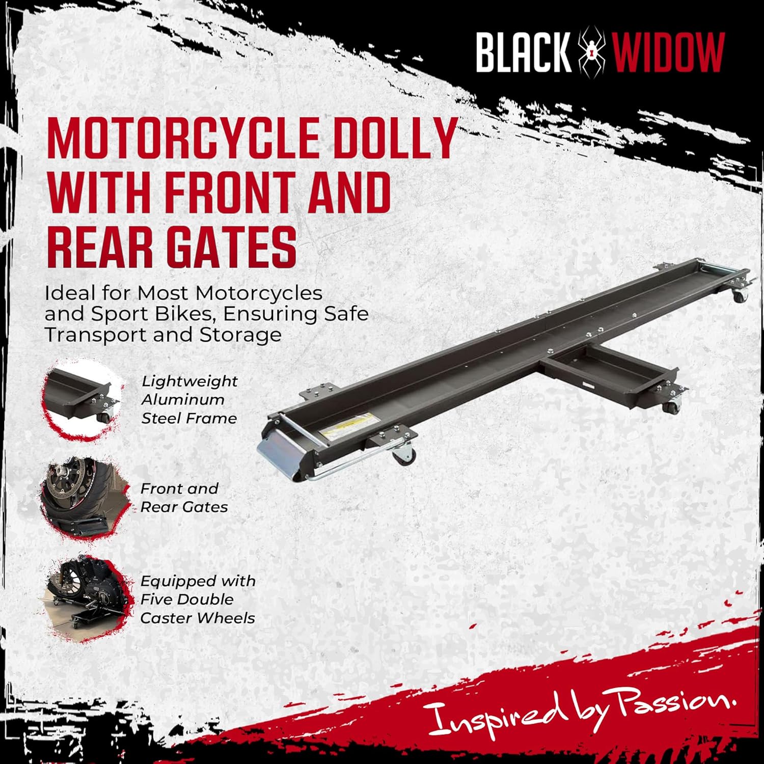 Black Widow Motorcycle Dolly Steel 1,250 lb. Weight Capacity Adjustable Kickstand Caster Wheels