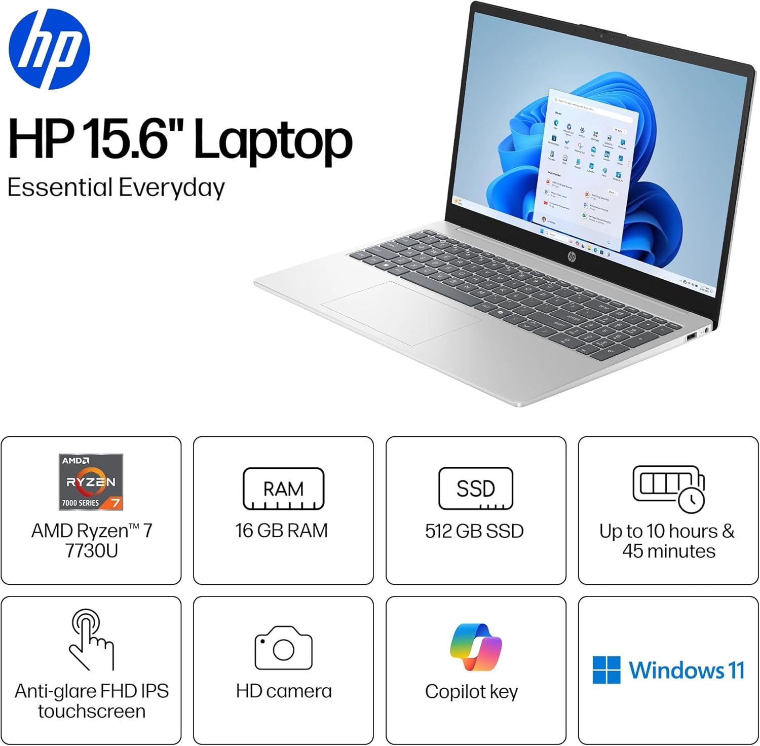 HP 15.6'' FHD IPS Touch Laptop, AMD Ryzen 7 7730U Processor, 48GB DDR4 RAM, 1TB SSD, Wi-Fi, Webcam, Windows 11 Pro, Copilot AI, Natural Silver with TGY Accessories