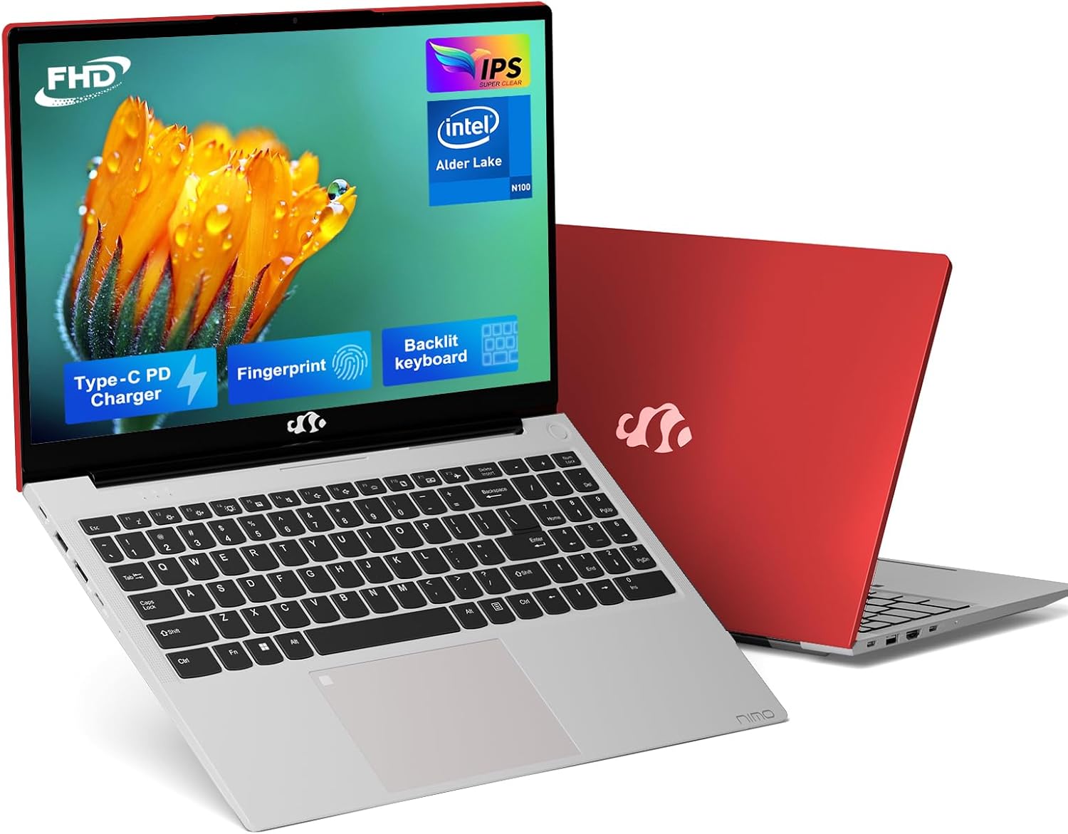 nimo 15.6 IPS FHD-Laptop, Pentium Quad Core N100 (Beat to i3 1115G4 Up to 3.4GHz) 8GB RAM 256GB SSD Laptop-Computer with 65W Type-C Backlit Keyboard Fingerprint Win 11 Red (Renewed)
