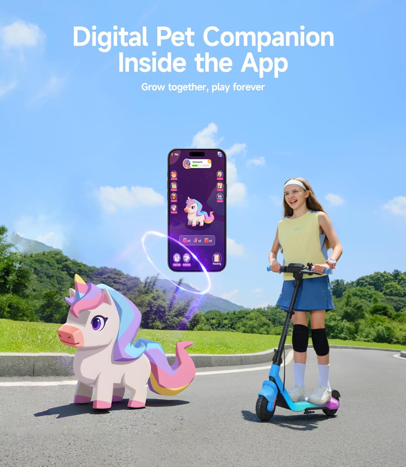 NAVEE K100 Series Electric Scooter for Kids 5-11, Adjustable Handlebar/Speed, Digital Pet, 12.4/9.9/7.5 mph, Safe Brake, Foldable, RGB Lights, Smart APP, Growing Adventurer Gift for Boys Girls, UL2272
