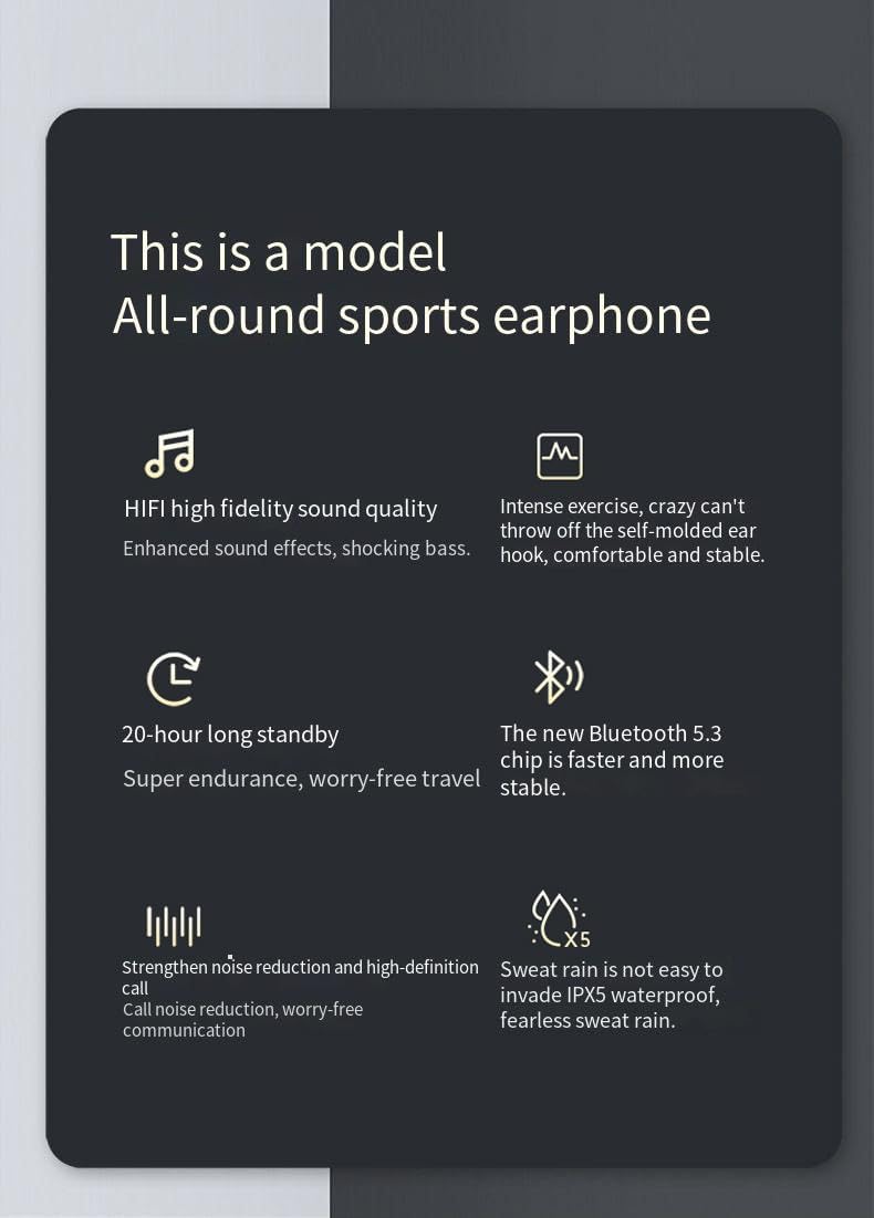 Wireless Earbuds Earhooks Sports in-Ear Bluetooth 5.3 Headphones with Microphone,IPX7 Rating Headset,HiFi Sound Quality Compact and Portable for TV Smart Phone Laptop Computer Sports,White