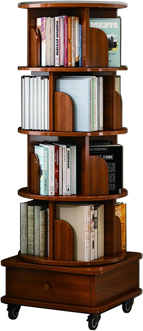 5/6-Tier Rotating bookcase,360° MDF Spinning Bookshelf,swivel bookshelves tower with Drawer and Wheels,modern book shelf for Narrow Space,for office,Bedroom,Living Room,etc(Walnut color,5tier)