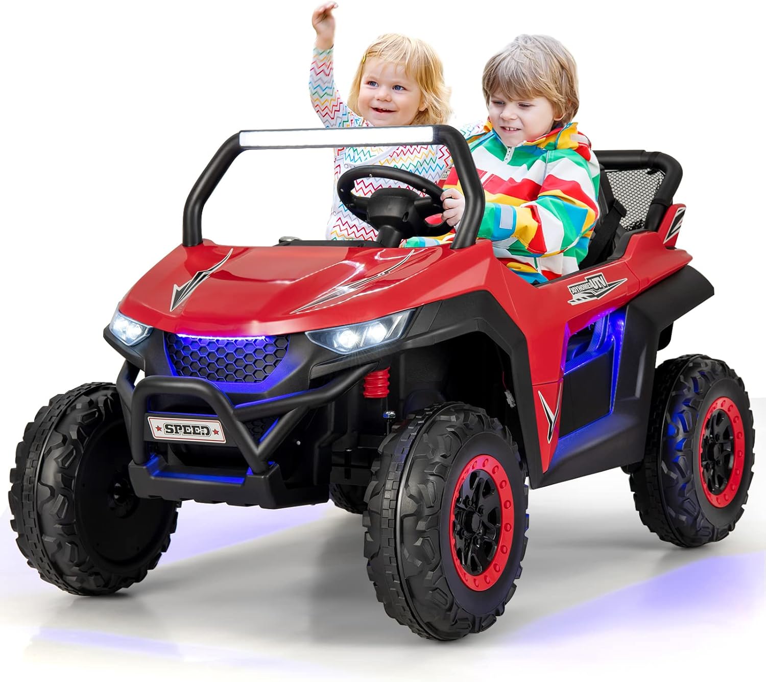 HONEY JOY 2 Seater Ride On Car, 12V Battery Powered Ride On Truck w/Remote Control, Spring Suspension, High/Low Speed, Storage, Music, USB, Ambience Lights, Electric Vehicle UTV for Kids (Red)