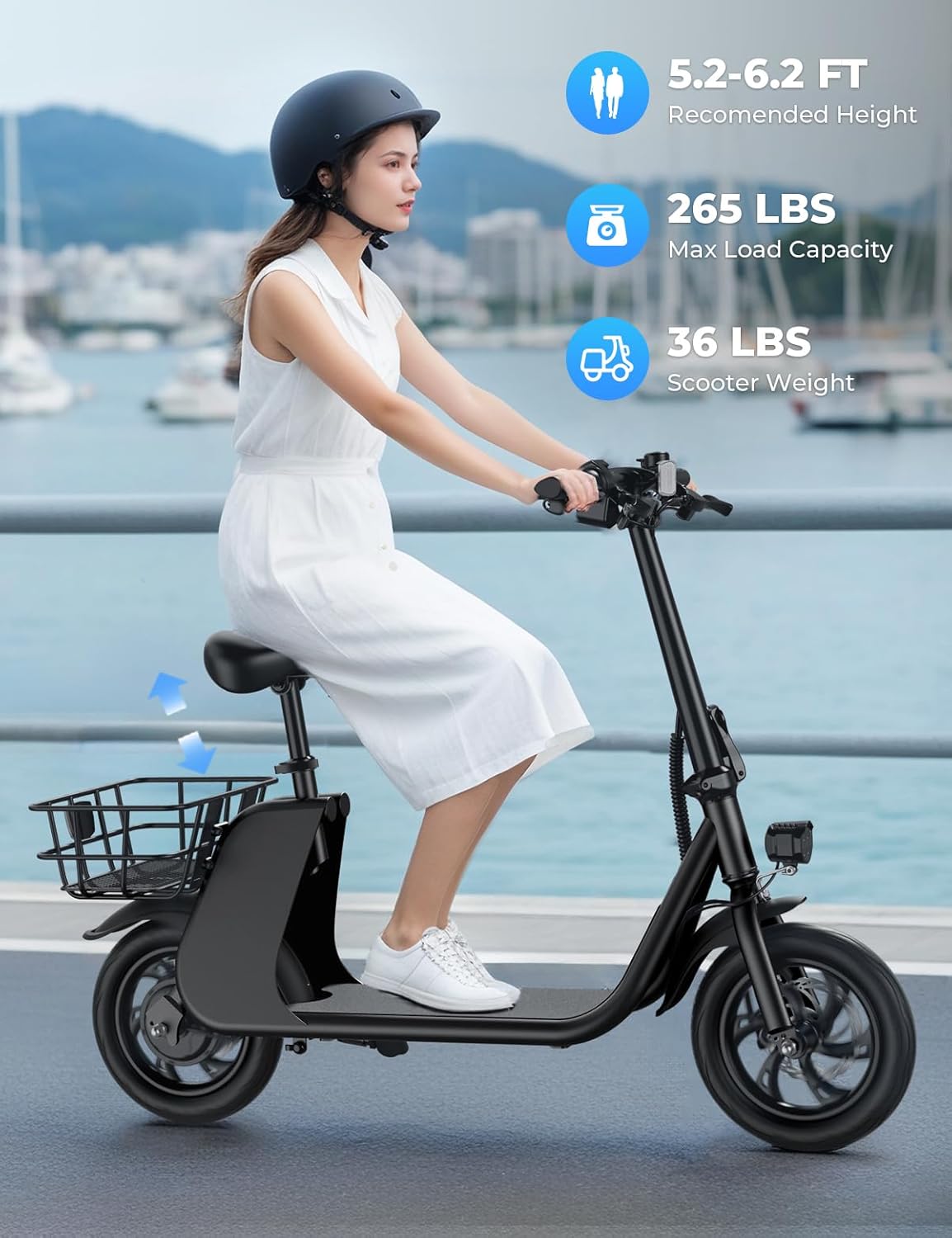 Windhorse Electric Scooter with Seat, 20 Miles Range, 15.5 MPH Speed, 650W Peak Motor Power,Dual Disc Brakes, Foldable Commuter Electric Scooter for Adults and Teens, 2 Baskets, Max Load 265 Ibs
