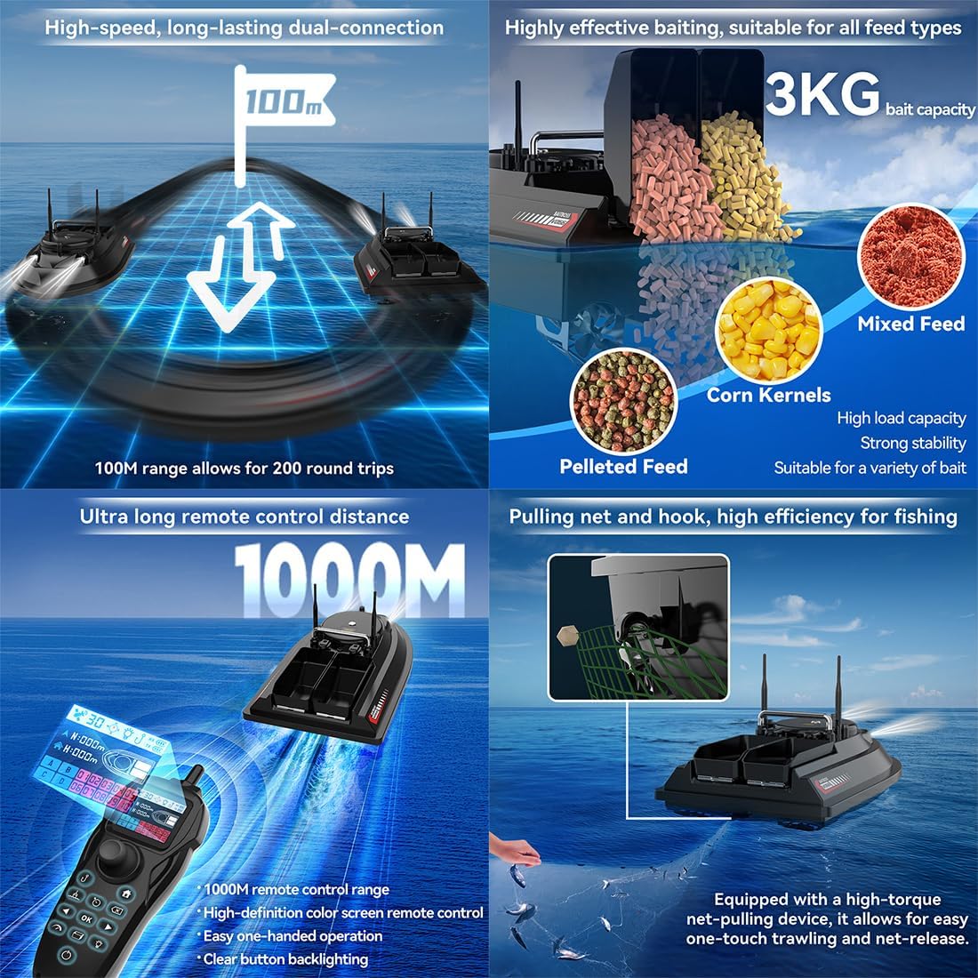 V066 Smart GPS RC Fishing Bait Boat for Pools&Lakes, Dual-Antenna High-Speed Brushless RC Boat with Led, Gyroscope, 3KG Loading Dual Hopper and 200 Waypoints, 1000M Distance, Gifts for Adults