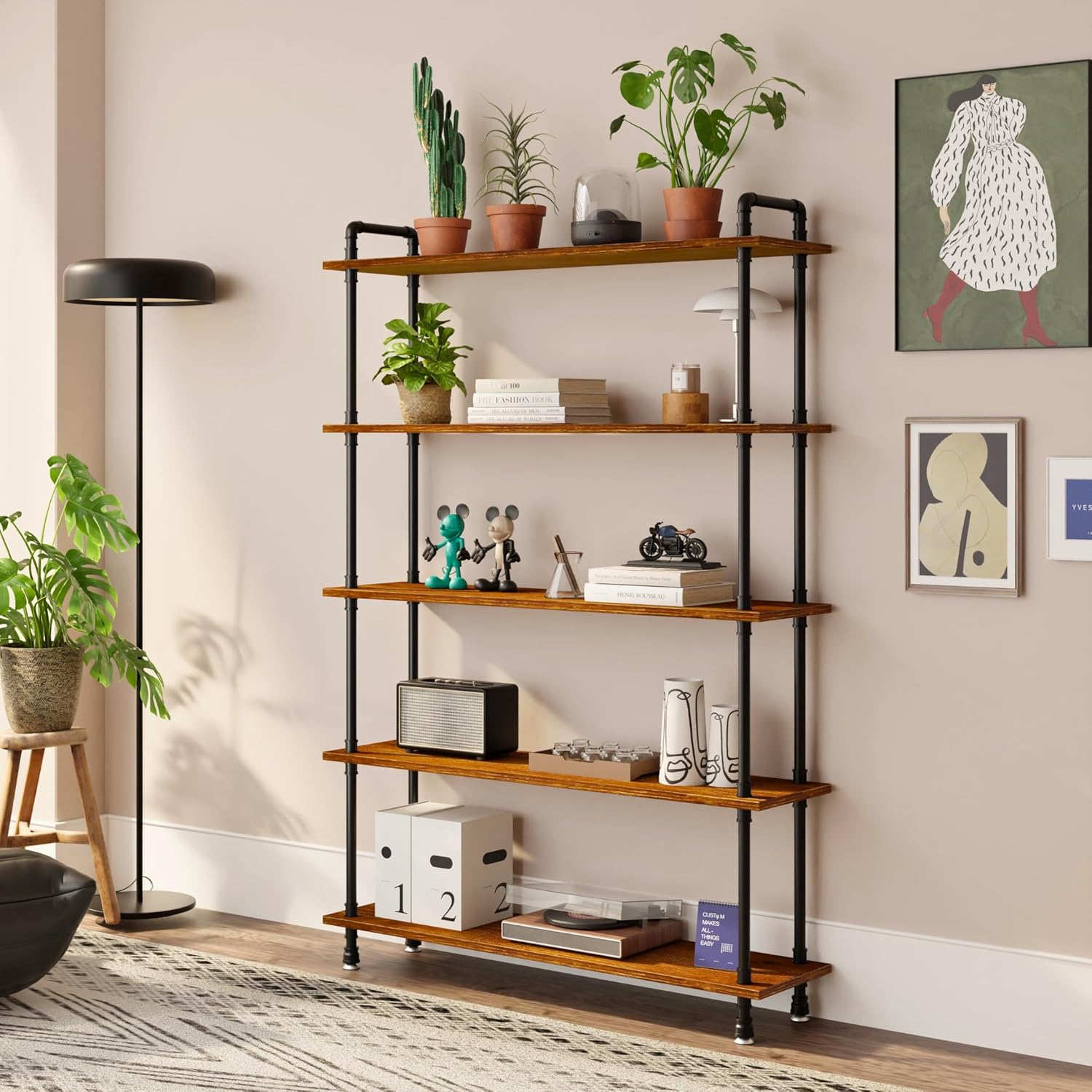 Anynice Industrial Bookshelf, 5-Tier Pipe Shelf, Wall Mounted Bookcase for Home and Office (Rustic Brown, 48