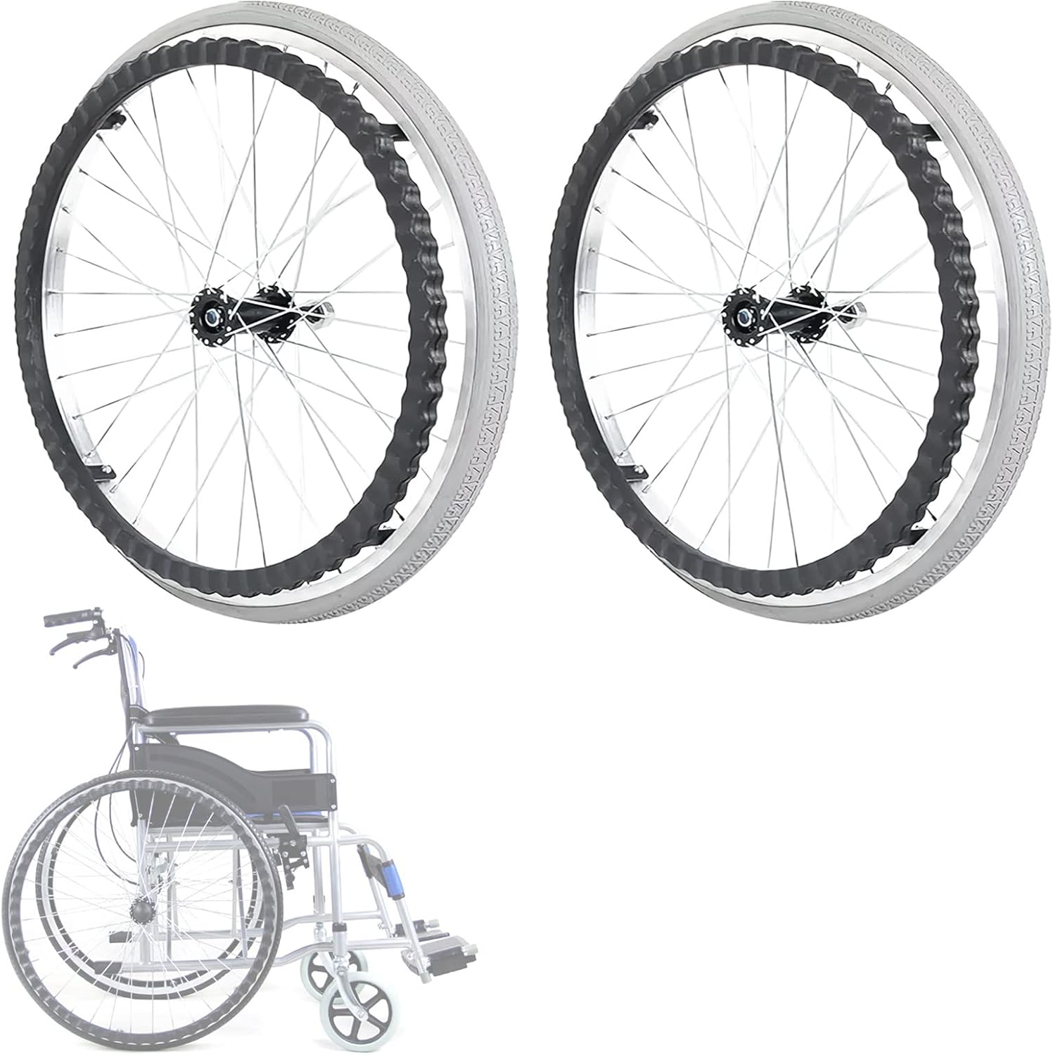 Wheelchair Caster Wheel 24 Inch (2 Pcs) Aluminum Alloy Wheel Hub Wheelchair Rear Wheels, Puncture Proof Solid Tire Wheelchair Replacement Wheels, Black/Greys