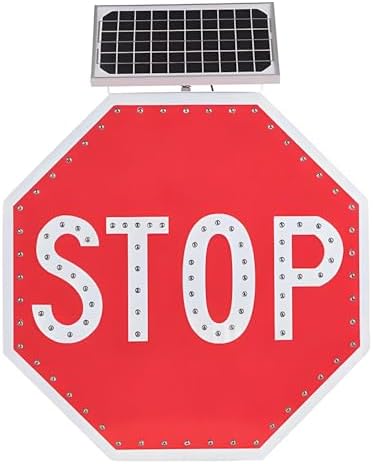 Solar-Powered LED Stop Sign - Reflective Aluminum Octagon Traffic Sign with Flashing Lights for Road Safety, Parking Lot & Construction - 60x60cm (24in)