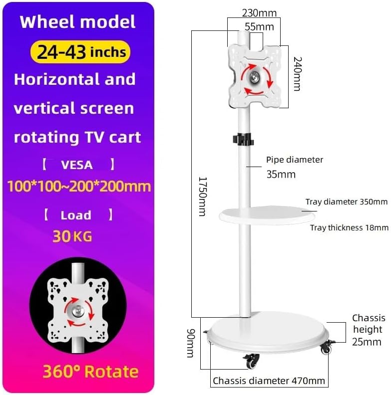 24-43 inch TV cart White Monitor Screen Lift Rolling mounting Bracket Trolley LED LCD Low Height(SC50200-W-Wheel)
