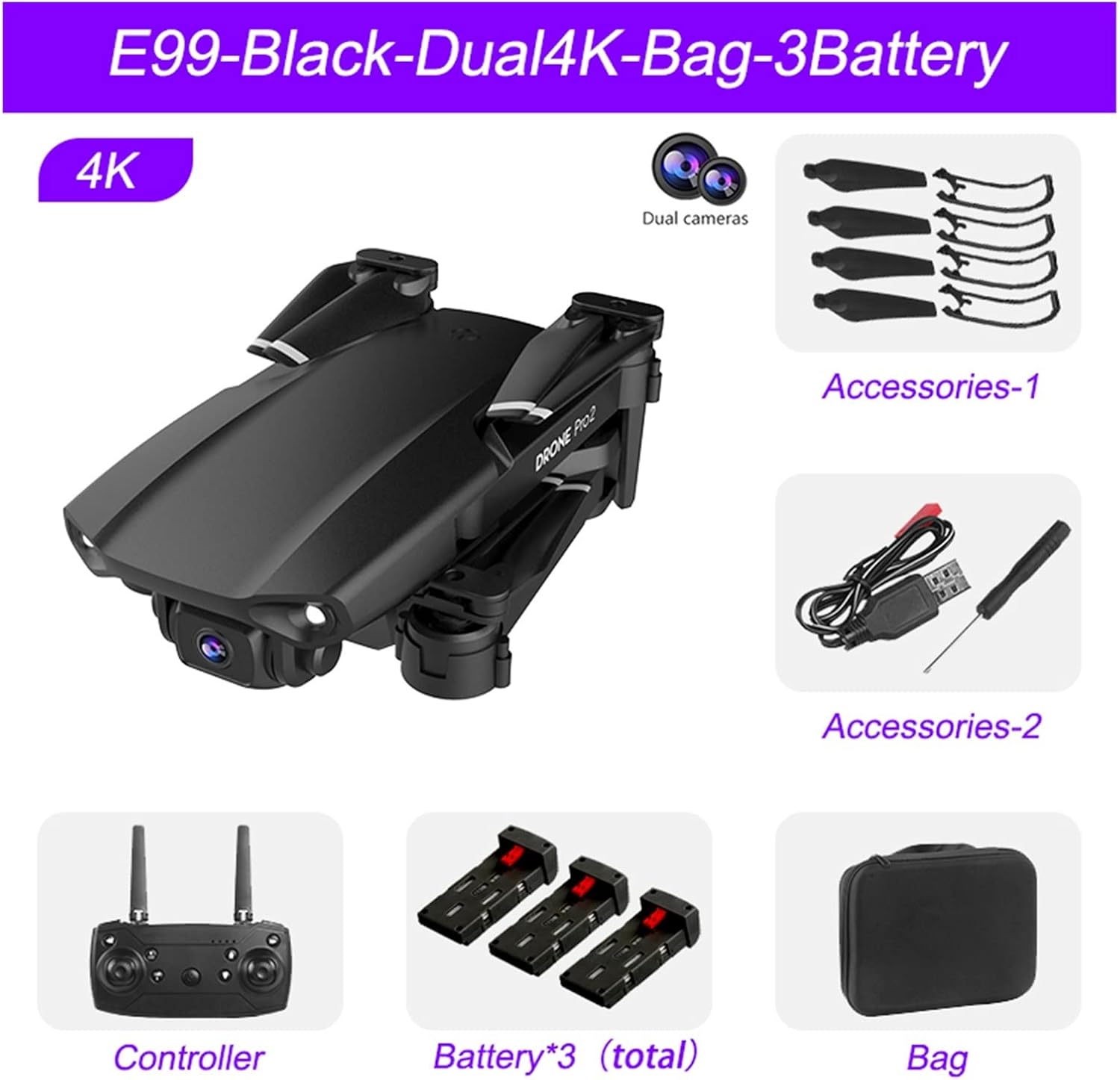 Ultralight and Foldable Drone Quadcopter RC Drone 4K HD Dual Camera Professional Aerial Photography Dron Height Hold Foldable Quadcopter (Color : Black-Dual4K-2B-Bag Size : 1) (Black dual4k)