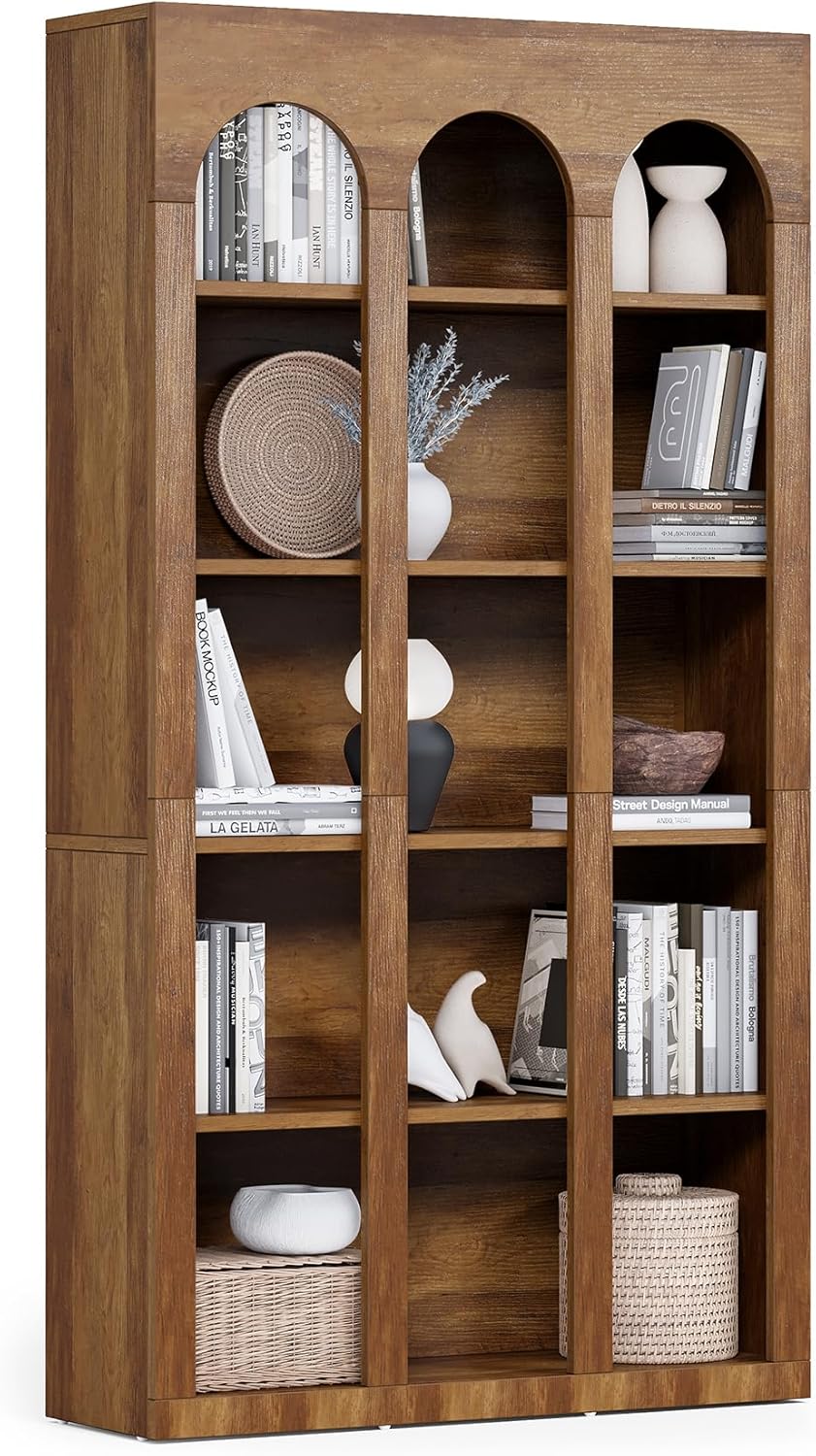 LITTLE TREE 5-Tier Bookshelf, 70.8-in Tall Bookcase with Open Shelves, Wooden Display Bookshelves and Bookcases, Vintage Display Book Shelf for Bedroom, Living Room, Office, Brown