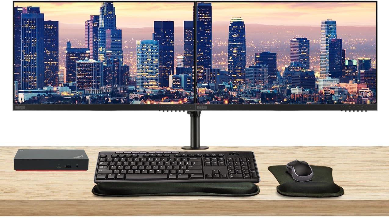 Lenovo ThinkVision E24 1920 x 1080 LED FHD LCD Monitor, 2-Pack Bundle with HDMI, VGA, Speakers, DisplayPort, Dual Monitor Stand, ThinkPad USB-C Dock, MK270 Wireless Keyboard & Mouse, Mouse & Wrist Pad