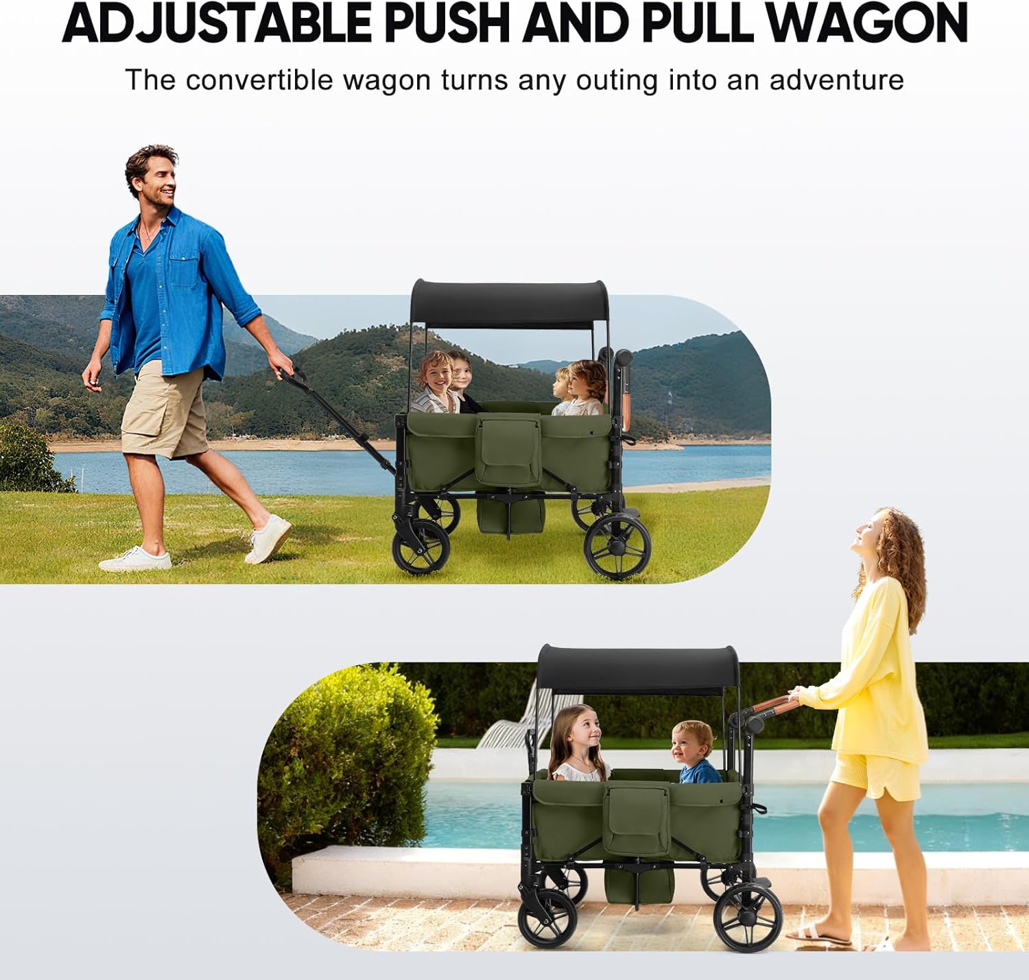 Stroller Wagon for 4 Kids, Foldable All Terrain Wagon for Kids, with Removable Canopy, Adjustable Push and Pull Handle, 5 Point Harnesses, Large Storage Bag (Green)