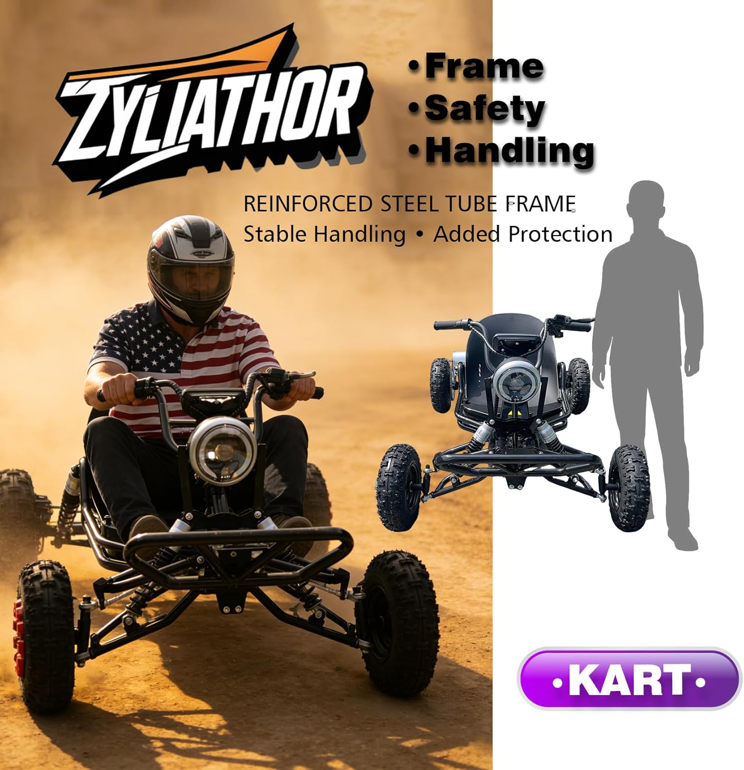Zyliathor Electric Go Kart Adults/Kids - 48V 2000W Motor 12-31MPH, 6'' All-Terrain Tires, 10.4Ah(12+Mi), 440lbs Capacity, 3-Speed Modes LED Lights & Charger (Black)
