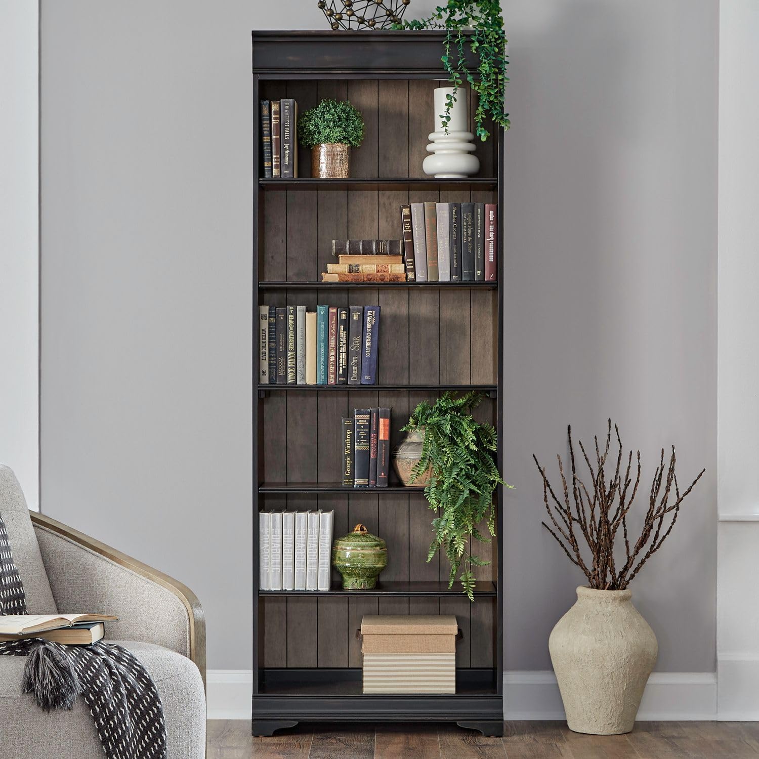 Liberty Furniture Meritage 84 Inch Bookcase for Home Office - Aged Charcoal w/Rub Thru & Caramel