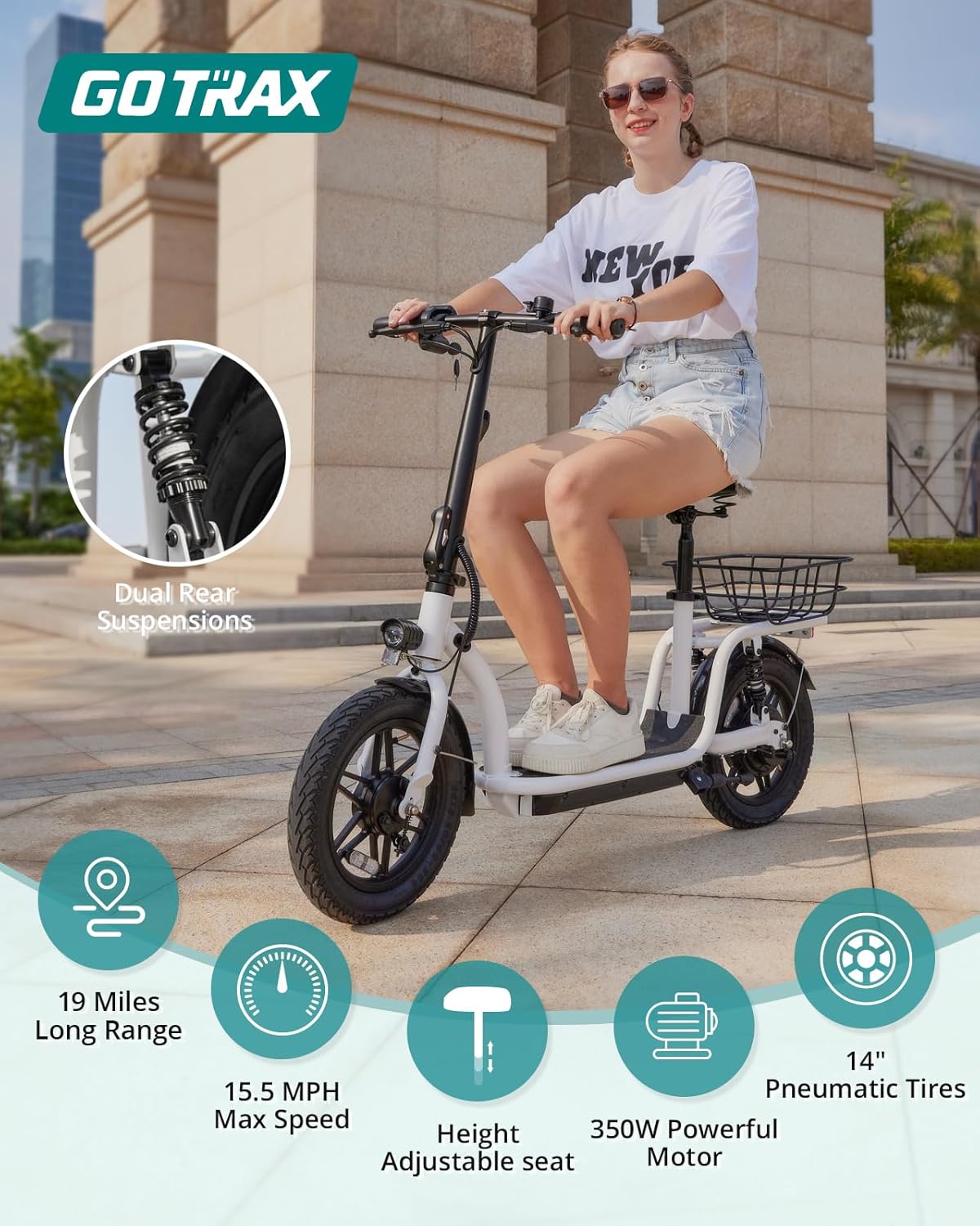 Gotrax Adult Electric Scooter with Seat, Max 19-25miles Range, 15.5-20mph Power by 350W-500W Motor, All-Terrain Tire & Wider Deck & Soft Cushioning Seat with Carry Basket