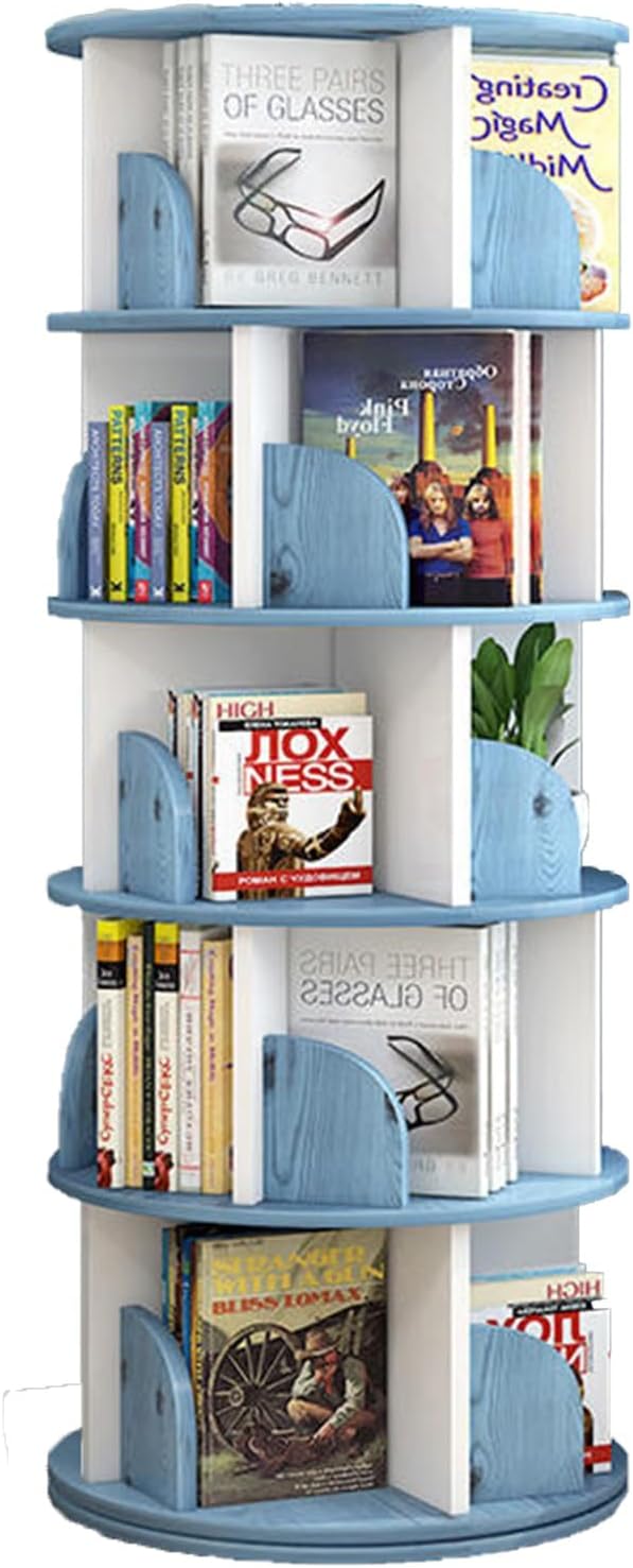 SAYBBON 5 Tier Rotating Bookshelf, Corner Book Shelf, 360° Floor Rotating Bookshelf, Book Shelf Organizer for Bedroom, Living Room, Study Room (Color : Blue+White)
