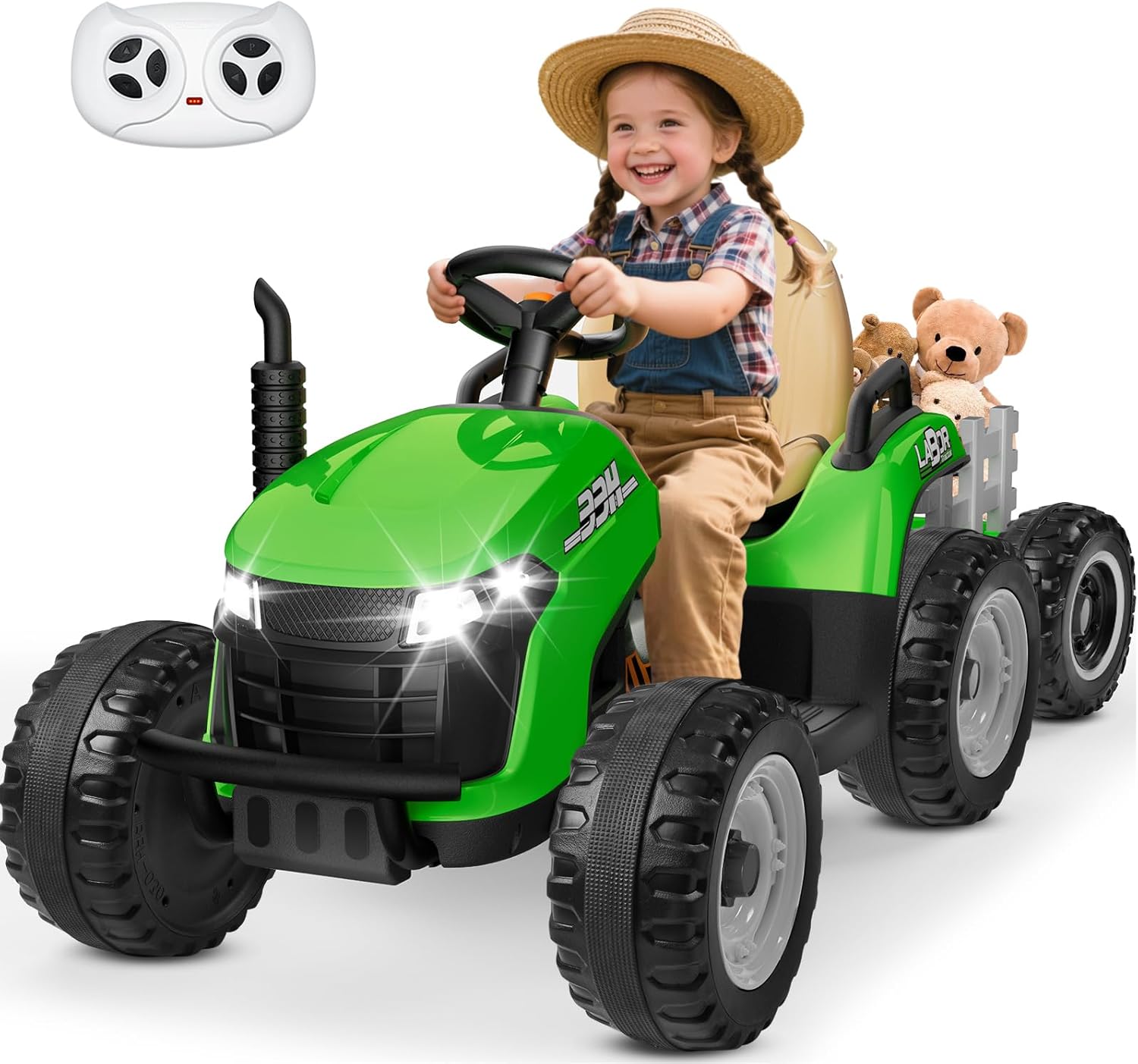 ANPABO 24V Ride On Tractor w/Tiltable & Detachable Trailer, EVA Tires, Up to 4.3Mph, Ride On Toys with Parental Remote, Realistic Tractor Sound & Chimney, Music Player, LED Light, Green
