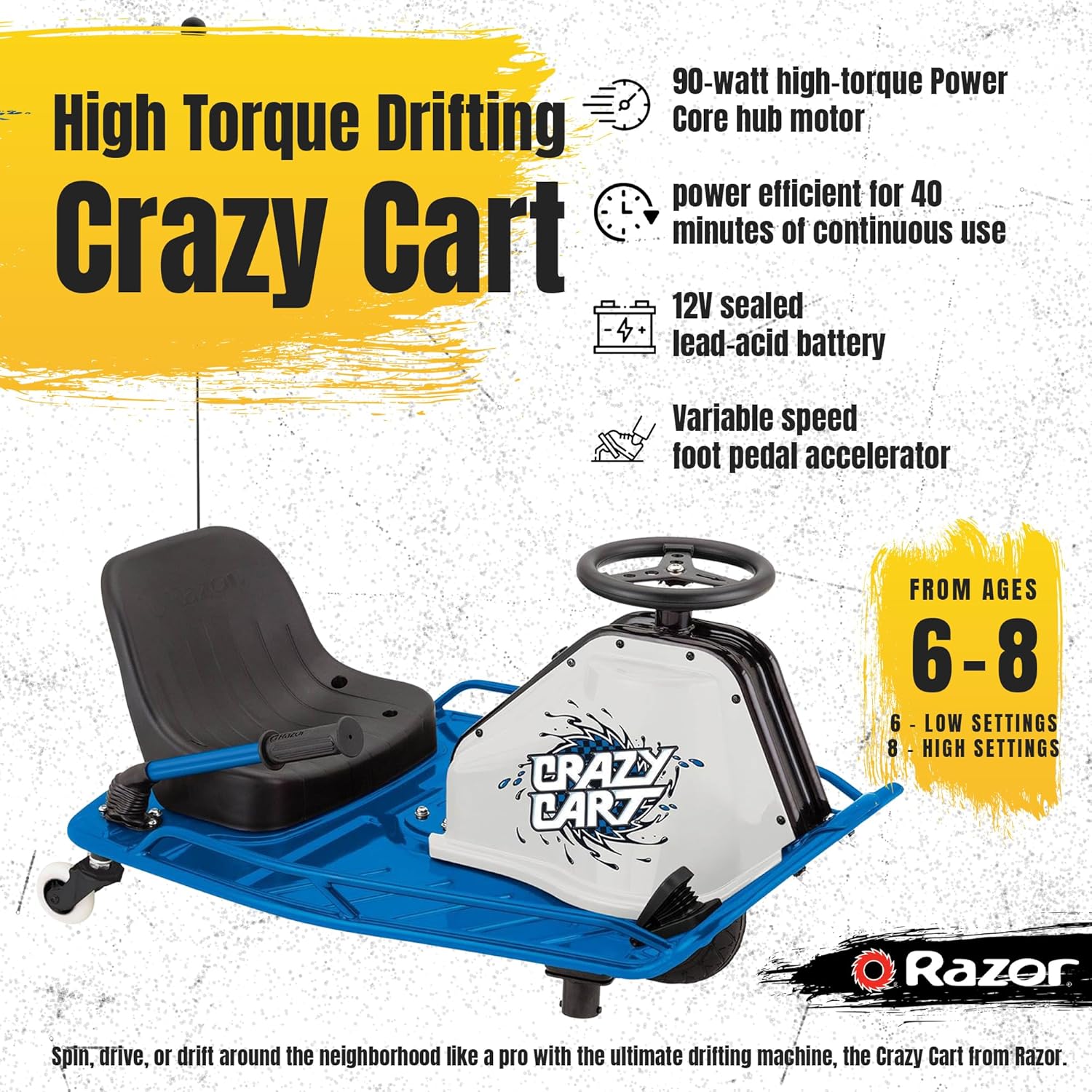 Razor High Torque Motorized Outdoor Drifting Crazy Cart Ride with Drift Bar, Smooth Wheels, and Rechargeable Battery, Blue (2 Pack)