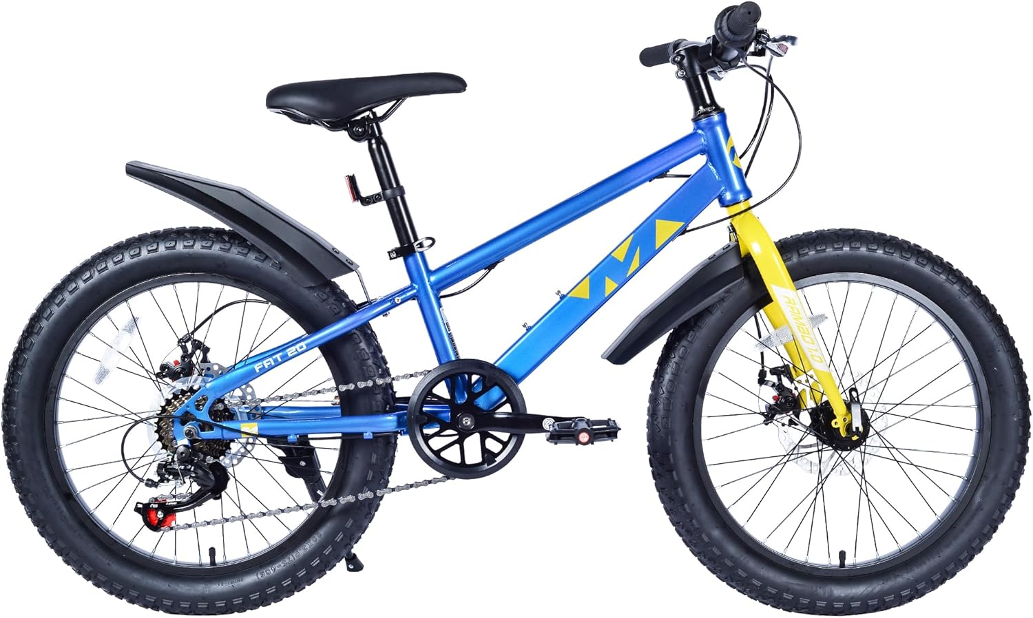 20x3.0 Fat Tire Kids Mountain Bike Snow Bike Beach Bike for 7-10 Years Old Steel Frame Disc Brake Bike 7 Speeds, Blue&Yellow
