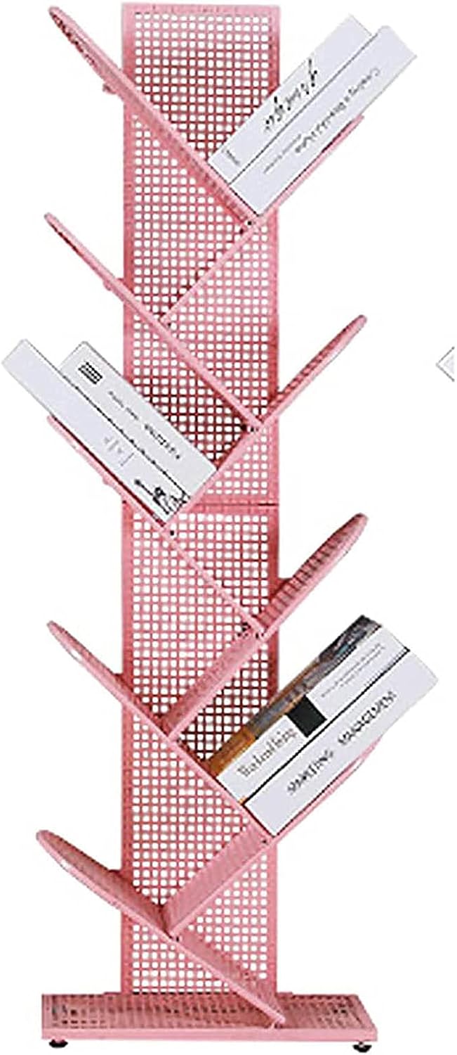 EXCEI Space Saving Storage Shelves for Books Magzines Cds Office,9-Tier Metal Tree Bookshelf,Modern Floor Standing Bookcase,Large Capacity Book Display Rack-Pink 40.5x22x127cm(16x9x50inch)