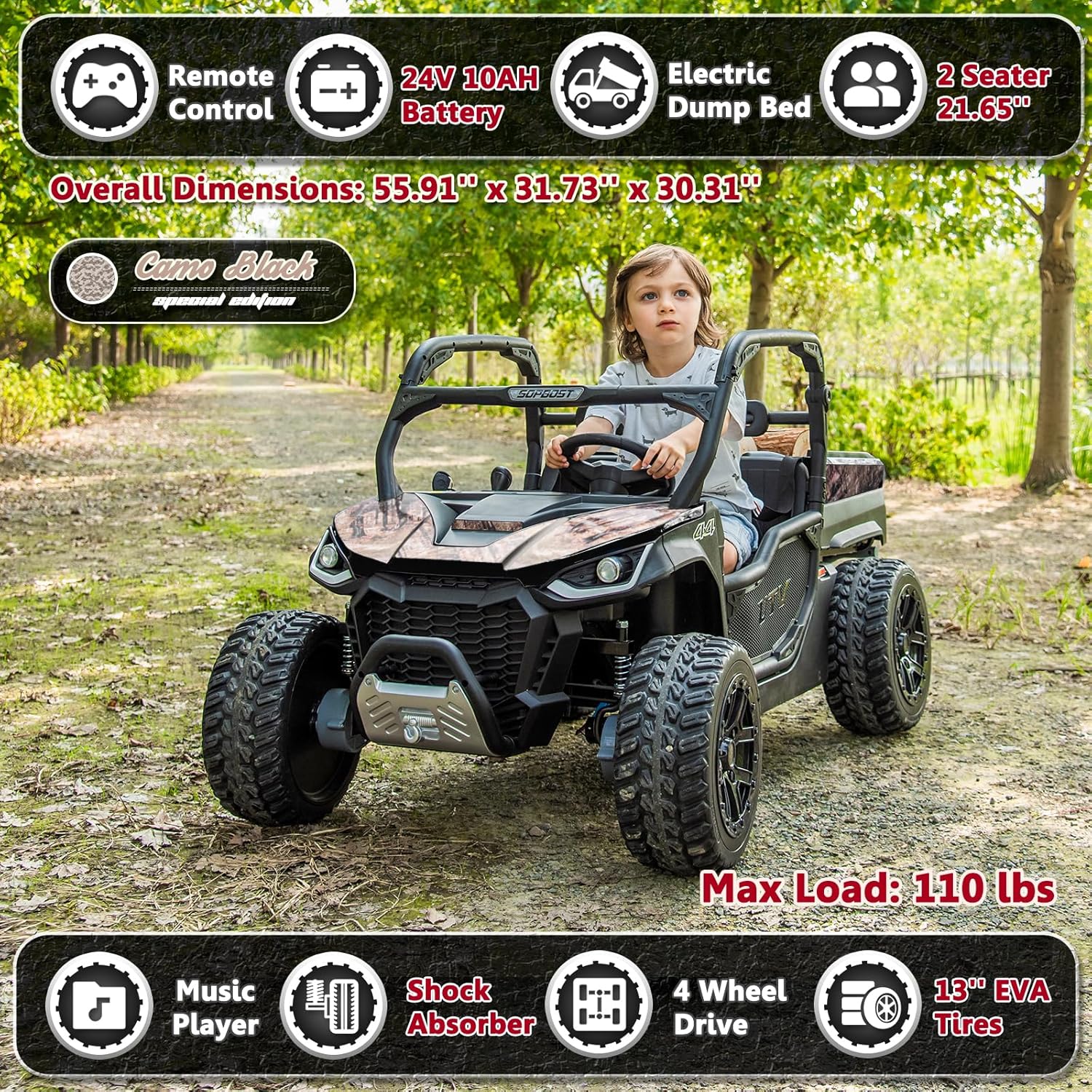 2 Seater 24V 10Ah Ride On Dump Truck Kids UTV with EVA Tires Ride on Toys for Big Kids with Remote Control 4WD Ride on Car Side by Side Truck with Electric Dump Bed, Shovel, Camo Black