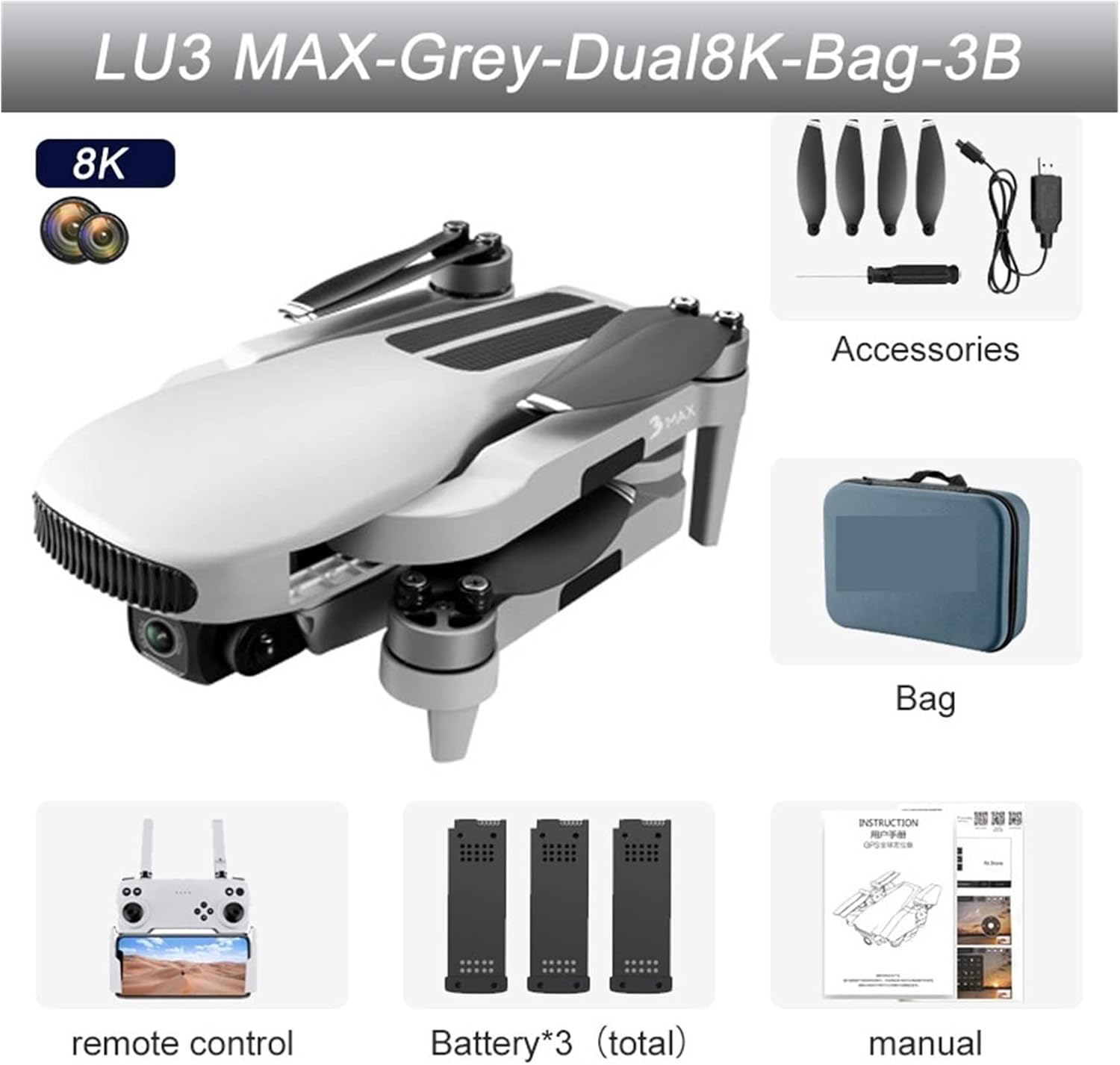 Drone GPS 8K Dual Camera 5G WiFi FPV Optical Flow Brushless Motor Folding Quadcopter RC Distance 800M (Color : White Dual8K Bag 3B Size : 1)