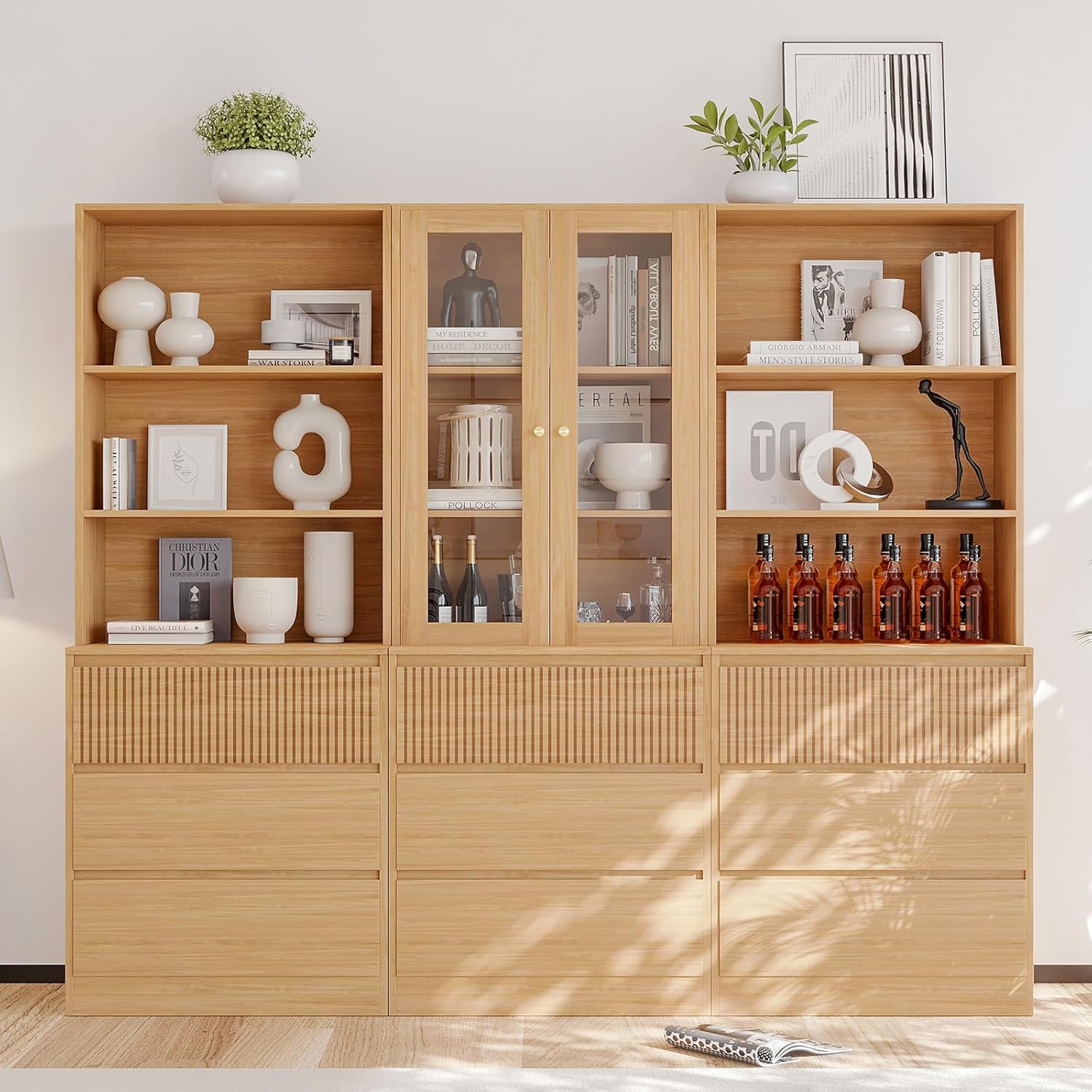 VOWNER Wood Bookcase Cabinet, 71’’ Freestanding Tall Storage Cabinet with 2 Tempered Glass Doors, Modern Kitchen Cupboard Large Floor Cabinet for Kitchen, Living Room, Home Office (2B+D)