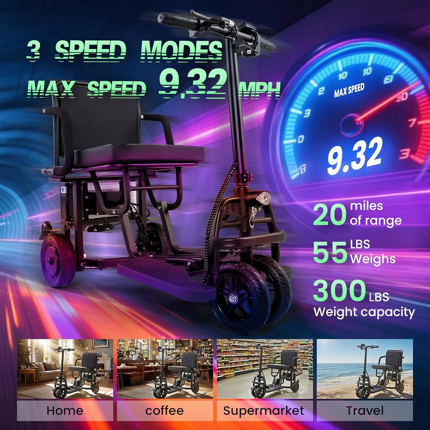 2026 New Folding Mobility Scooters for Adults, 9.32mph 4 Wheel Ultra Lightweight Travel Mobility Scooters, with 2 * 8AH Long-Range Lithium Battery, Foldable Portable Power Scooters for Seniors