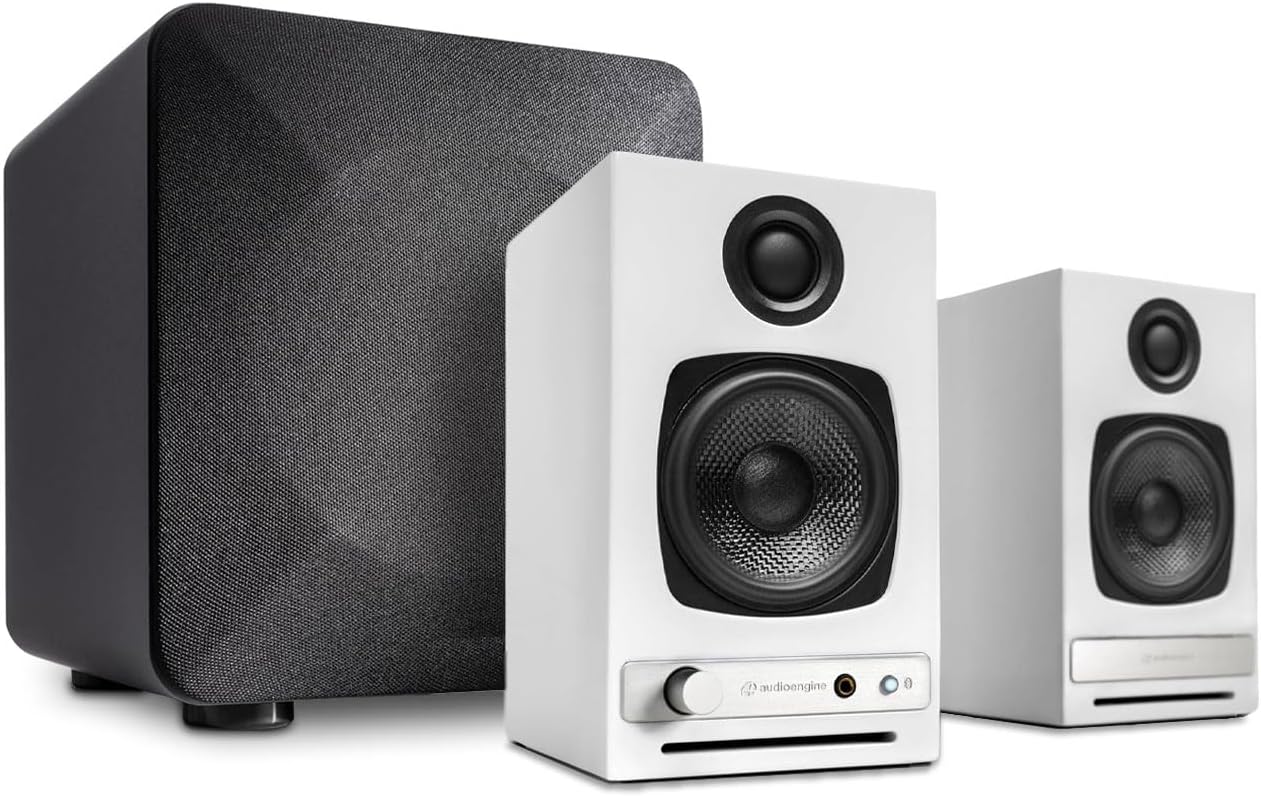 Audioengine A2 HD (HD3) White 60 Watt Pc Speakers for Desktop and S6 Gray Subwoofer for Music Gaming Movies Studios Dorms Bedrooms Offices