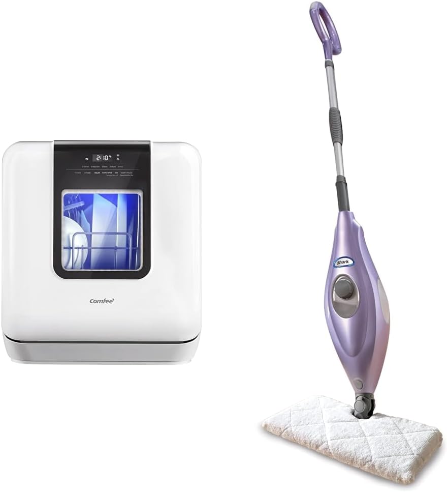 COMFEE' Countertop Dishwasher & Shark S3501 Steam Pocket Mop Hard Floor Cleaner, With Rectangle Head and 2 Washable Pads, Easy Maneuvering, Quick Drying, Soft-Grip Handle and Powerful Steam, Purple