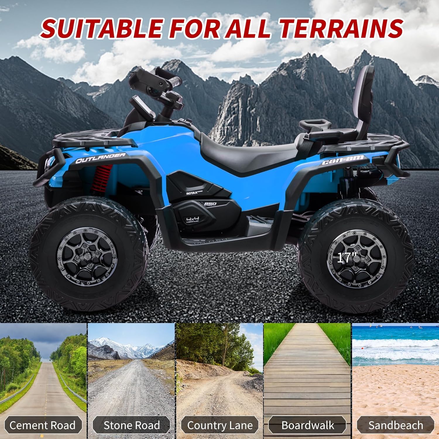 Heavy Duty 24v Kids ATV, 800w 4 Wheeler Quad Car Toy, Electric ATV 5Mph,110LBS Load,Off Road Big Treaded Tires,LED Headlights,Radio, Ride on Big Wheel Iron Frame PP Body 2 Seats