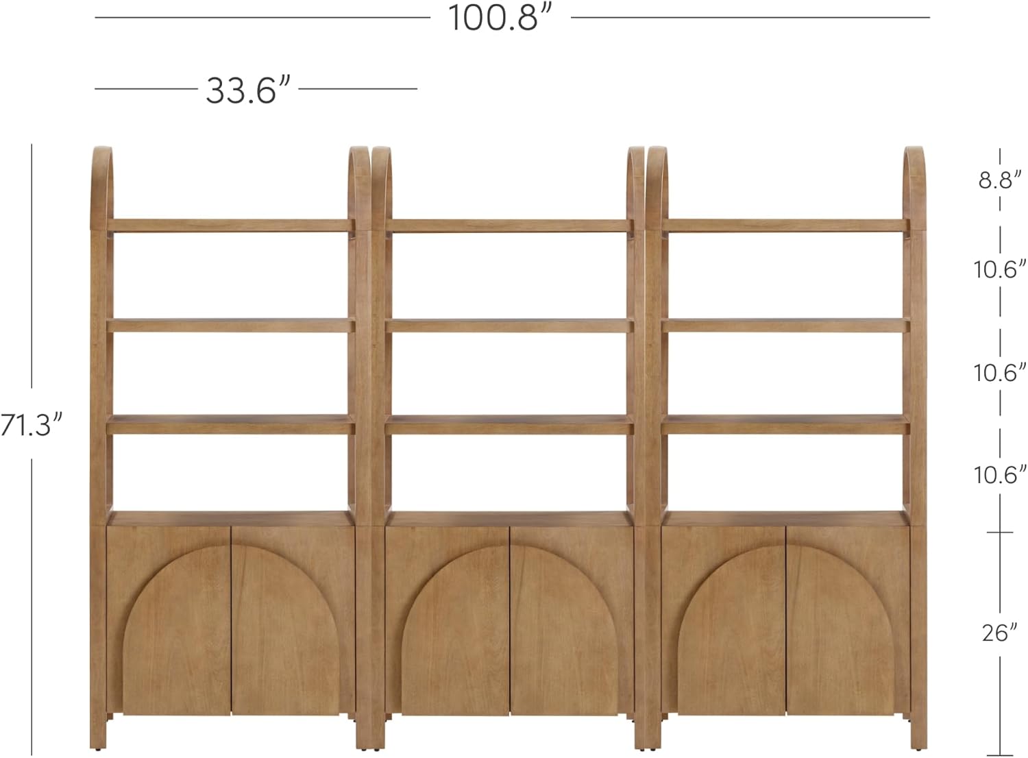 Nathan James Iris 3 Tier Bookshelf, Arched Bookcase Cabinet, Solid Wood Bookcase with Cabinet Base, Boho Bookshelf in Unbrushed Light Brown Finish, Set of 3