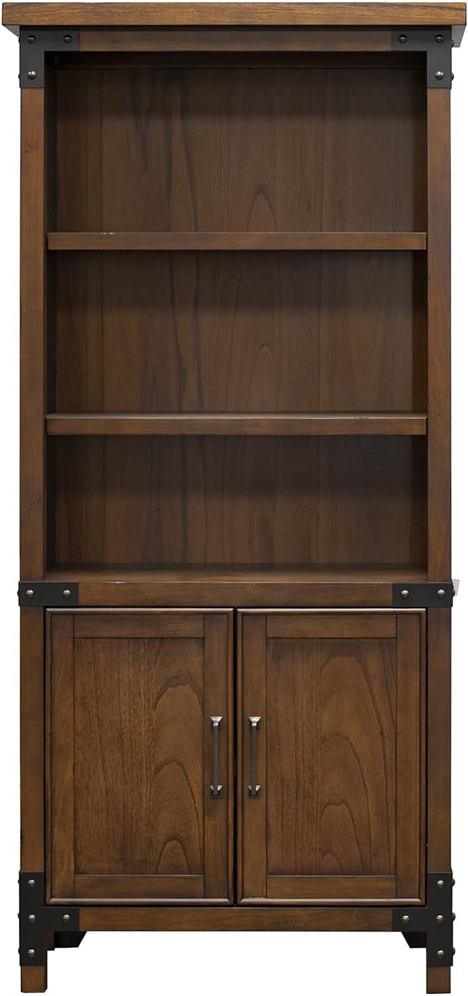 Martin Furniture Addison Rustic Bookcase with Doors, Office Shelving, Storage Cabinet, Brown (IMAD3472D)