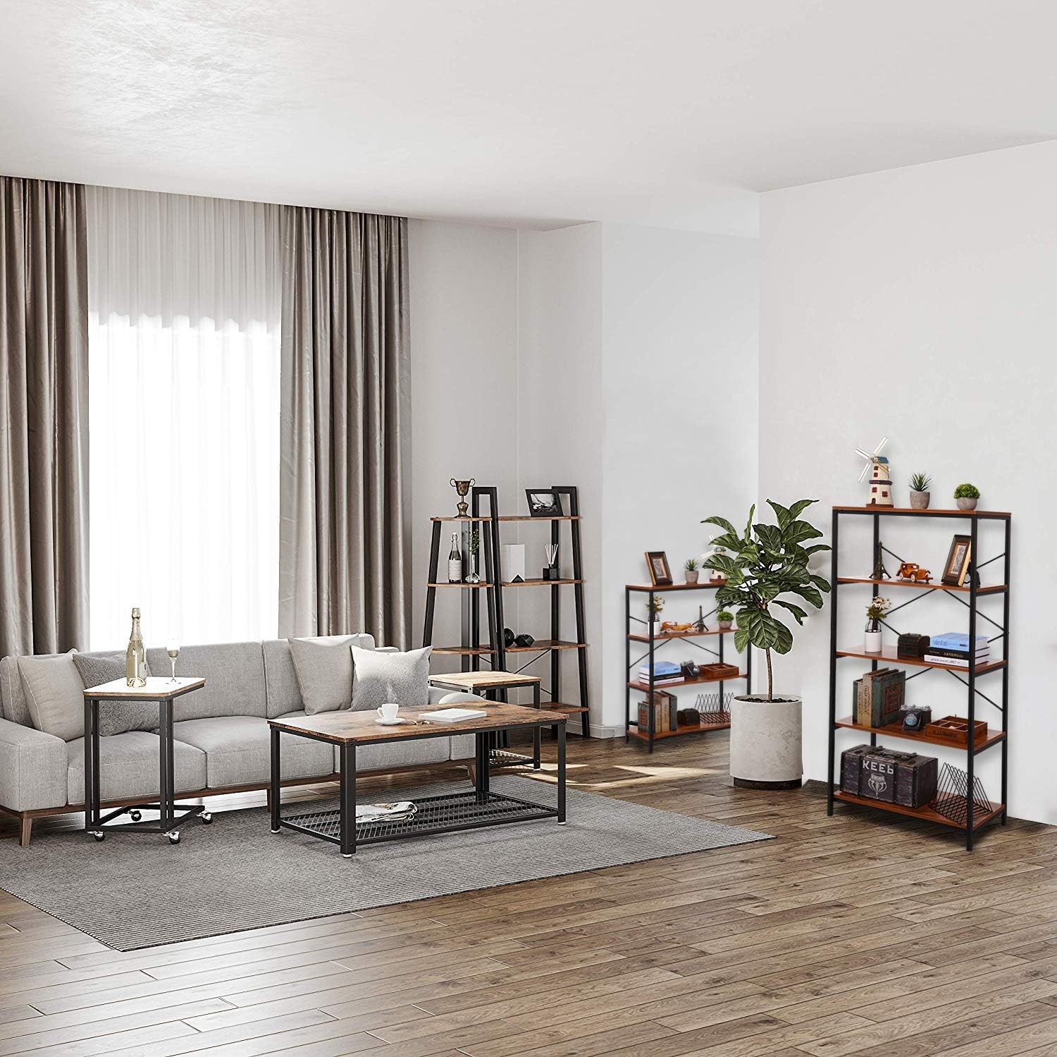 Modrine 4 Shelf Bookcase, Bookshelf Industrial Style Metal and Wood Bookshelves, Open Wide Home Office Book Shelf