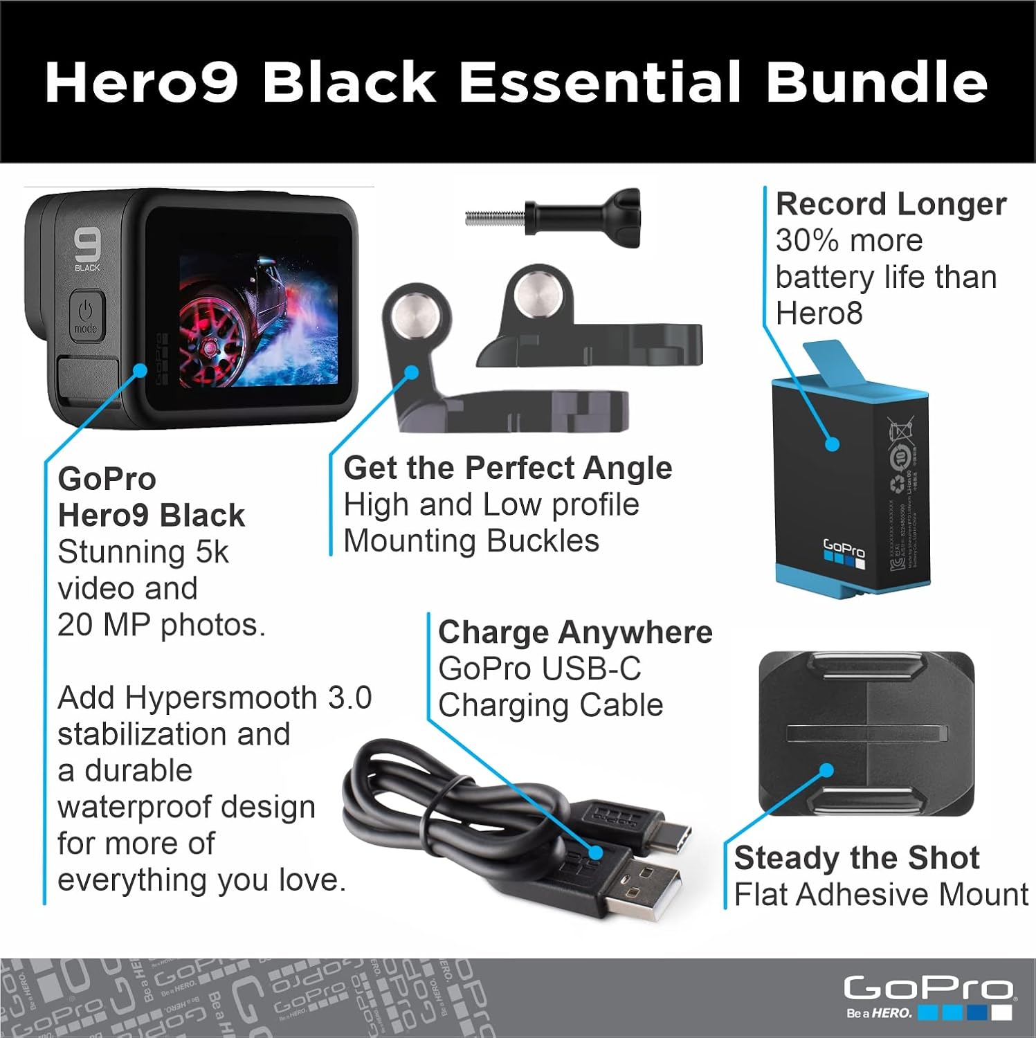 GoPro HERO9 Black - E-Commerce Packaging - Waterproof Action Camera with Front LCD and Touch Rear Screens, 5K Ultra HD Video, 20MP Photos, 1080p Live Streaming, Webcam, Stabilization