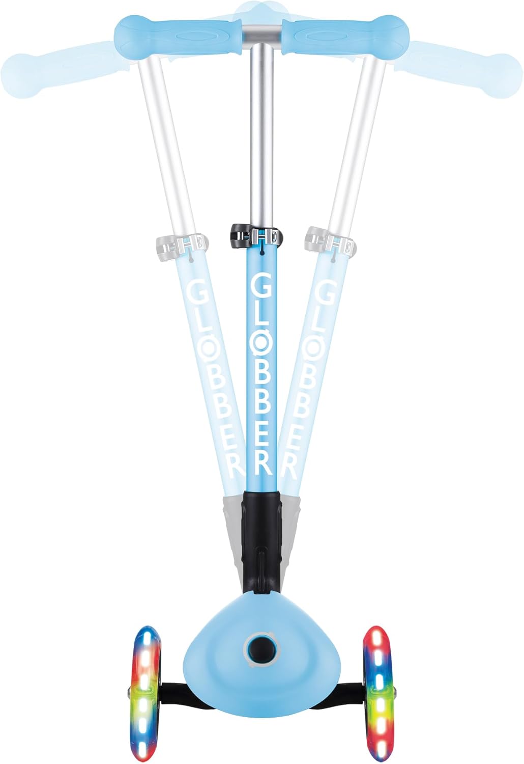 GLOBBER Junior Foldable Fantasy Lights – 120/80 mm ABEC 5 Scooter with 3 Wheels, LED Wheels, Pastel Blue
