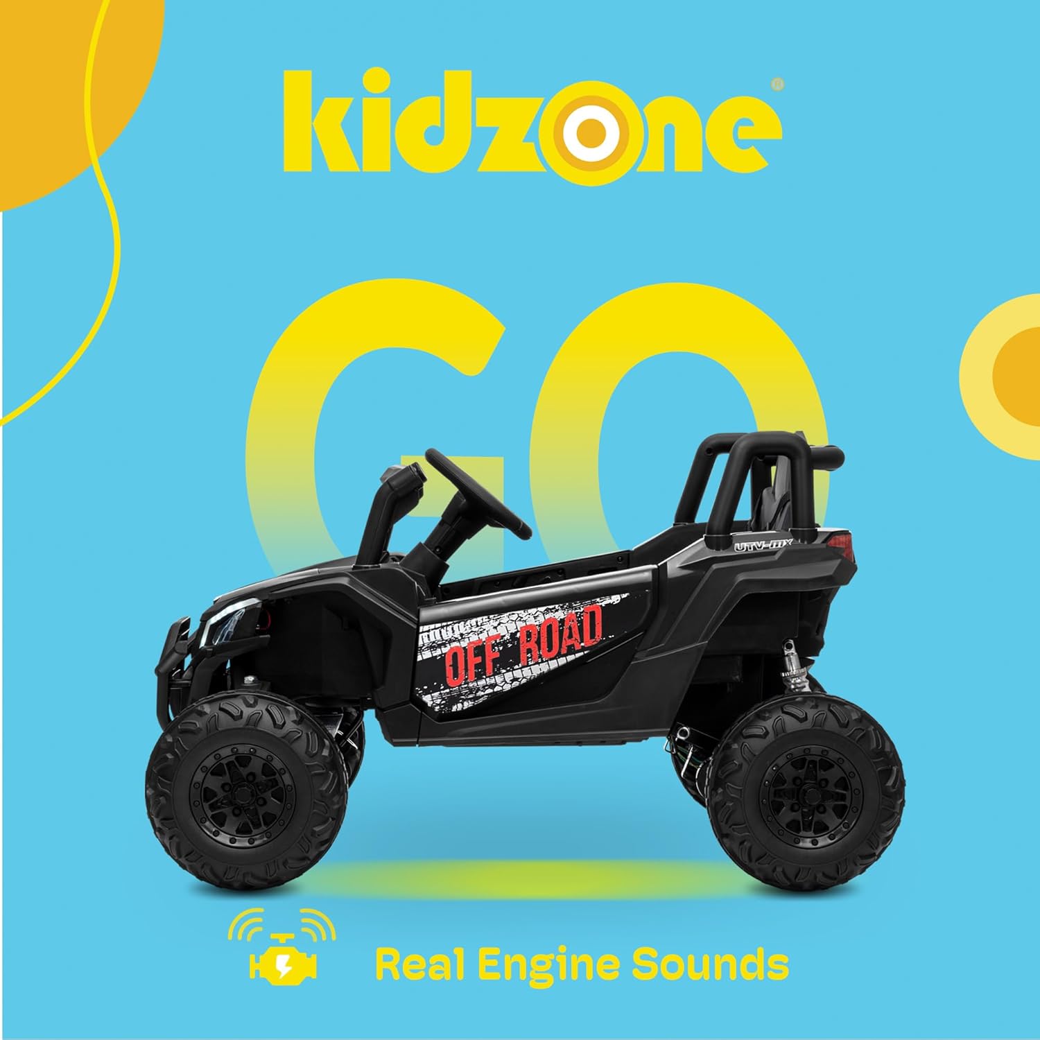 Kidzone 12V Ride On UTV Car for Toddlers 37-60 Months, Single Seat Electric Off-Road Vehicle with Remote, Rear Suspension, LED Lights, Double Doors, Safety Belt, Music & Horn - Black